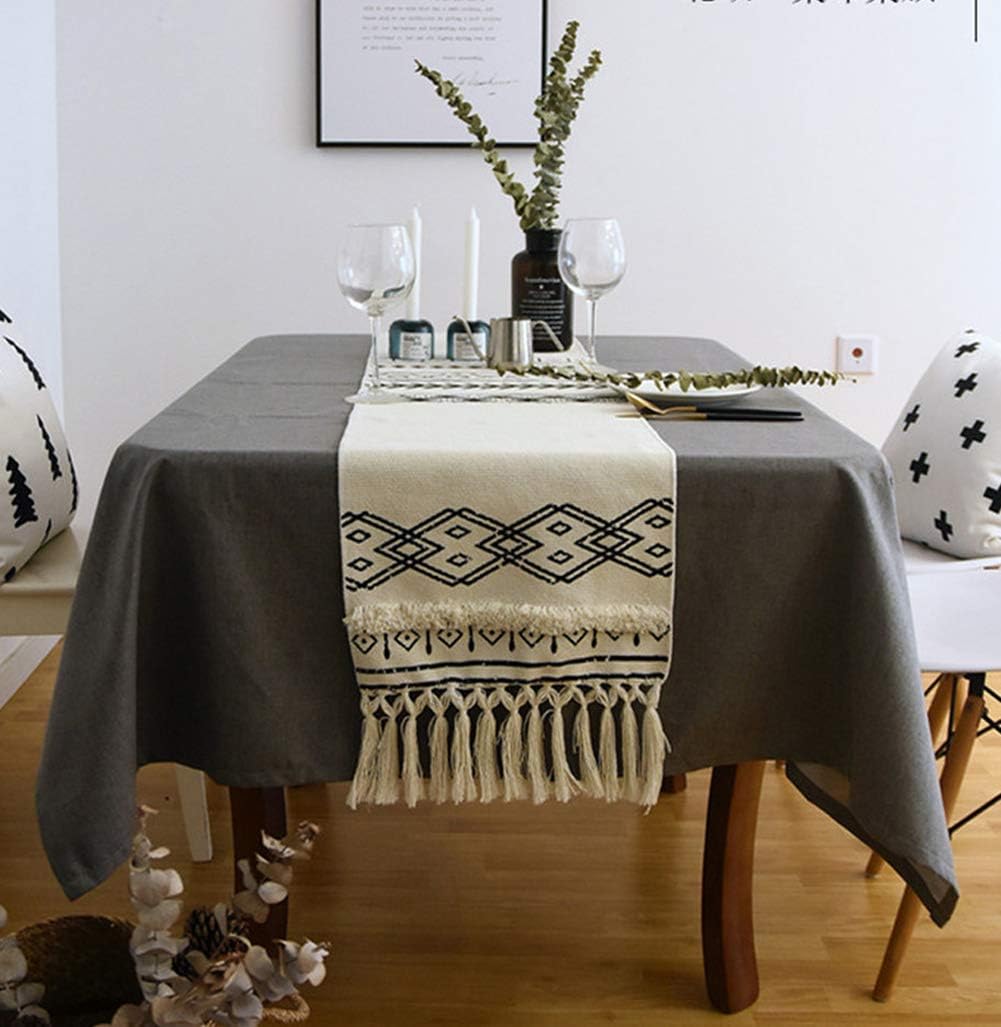 KIMODE Moroccan Fringe Table Runner 14 in x 72 in, Bohemian Geometric Cotton Handmade Woven Tufted Tassels Farmhouse Dinning Table Linen Machine Washable Minimalist Home Decorative, Black and White