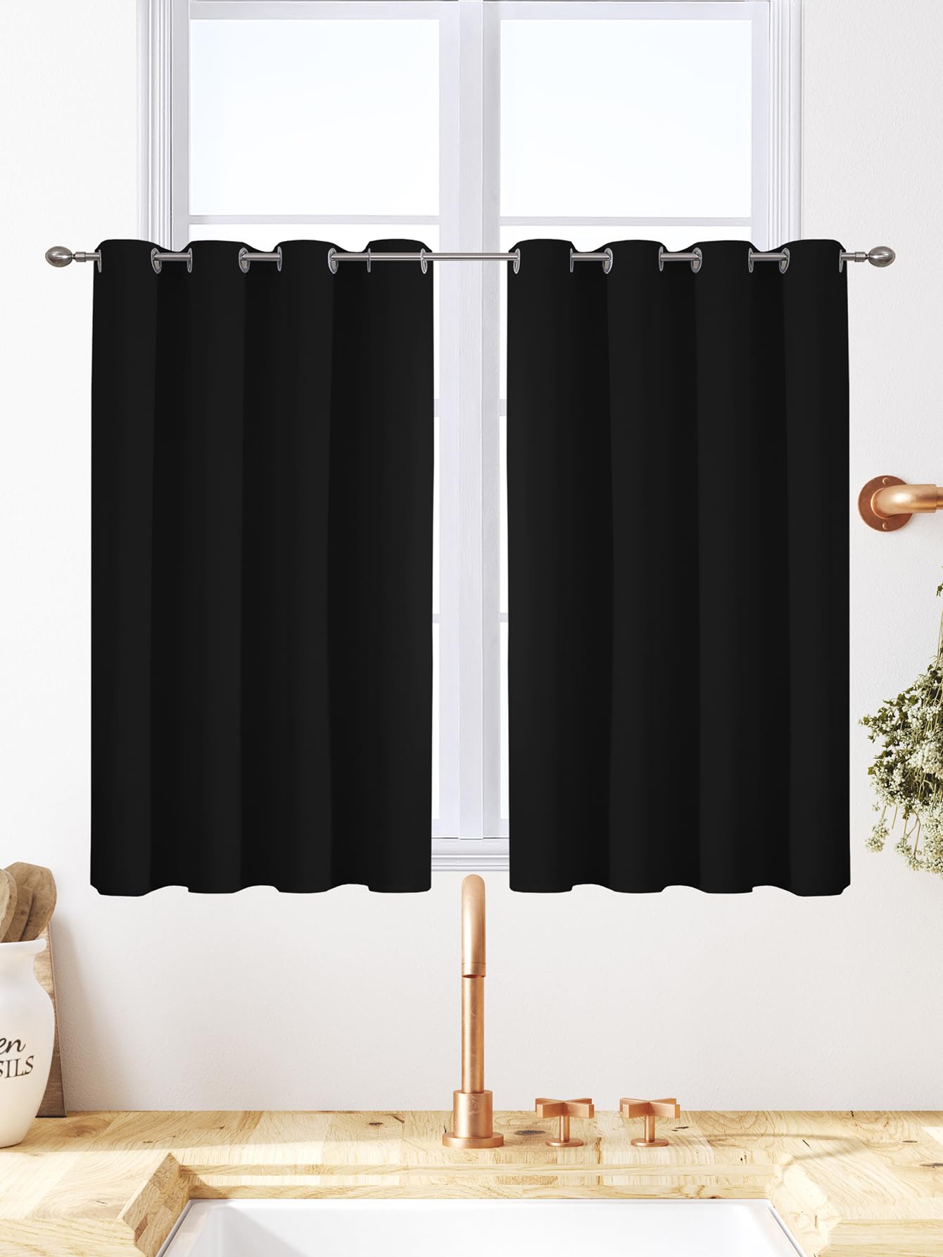 VEHEDE Gardinen Wohnzimmer Thermovorhang gegen Kälte Übergardinen 2er Set Vorhänge Schlafzimmer mit Ösen Vorhang Verdunkelung Blickdicht Gardinen Kurz Fenster Küche, H 84 x B 117 cm, Schwarz