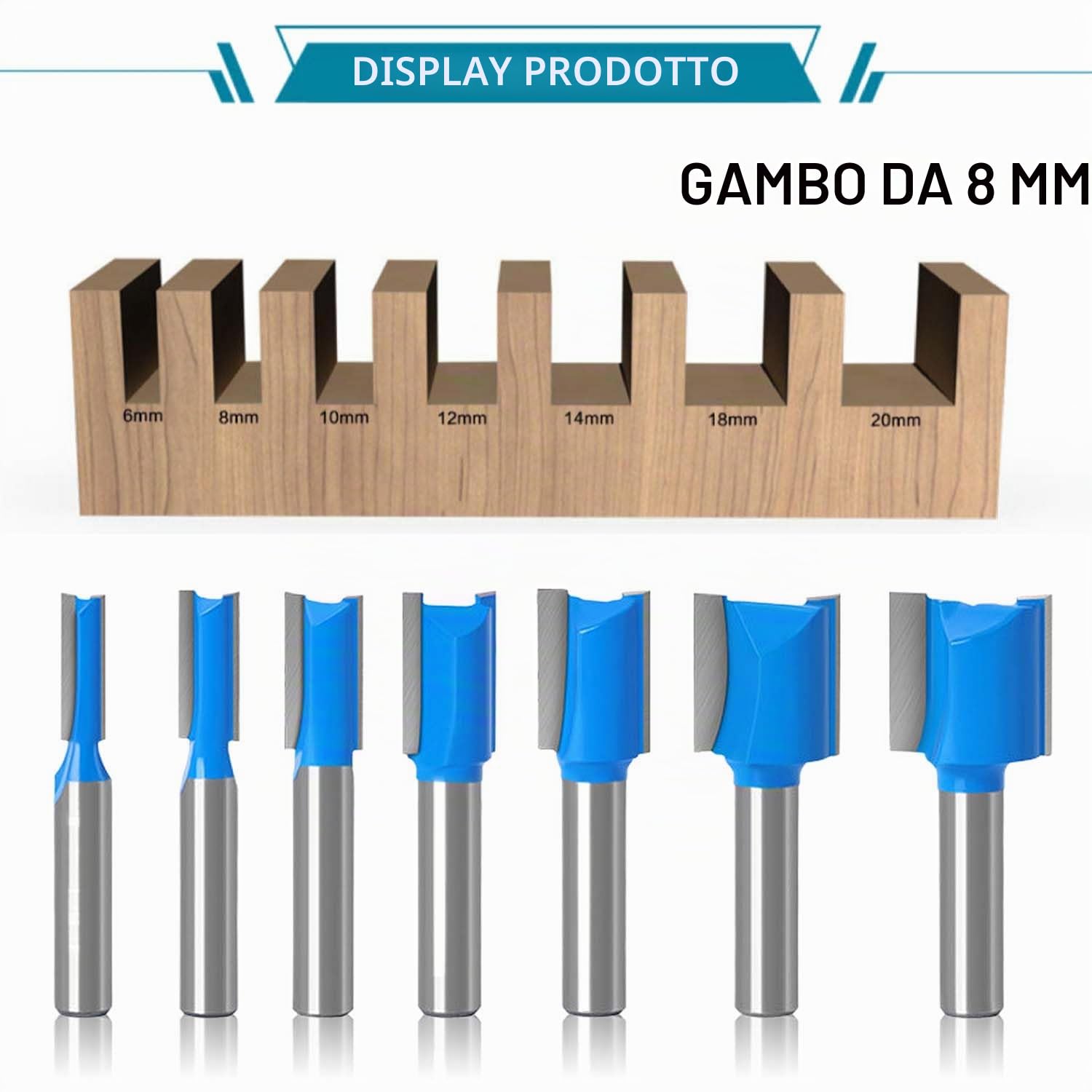 7 Pezzi Set Frese per Legno Gambo 8mm, Doppio Flauto Punte per Router, Fresa a Taglienti Diritti per Lavori Fai Da Te Falegnameria, Diametro di Taglio, 6 8 10 12 14 18 20 mm (7)