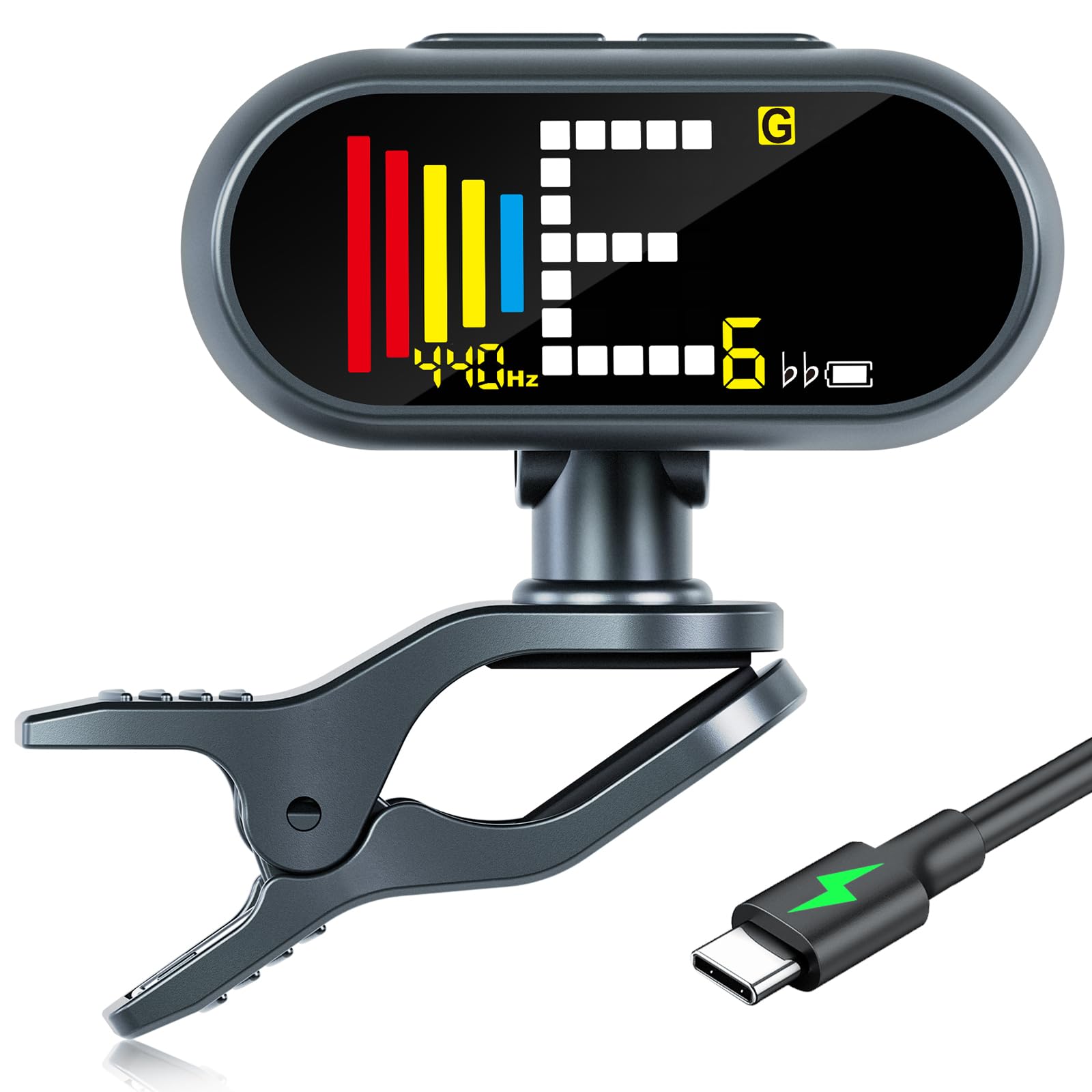 EX USB-C 충전식 기타 튜너 클립 온, ±1센트 정확한 기타 튜너, 5cm(1.97인치) 대형 컬러 LCD 스크린, 어쿠스틱/일렉트릭 기타 베이스 우쿨렐레 바이올린용 크로매틱 튜너, 360° 회전 클립