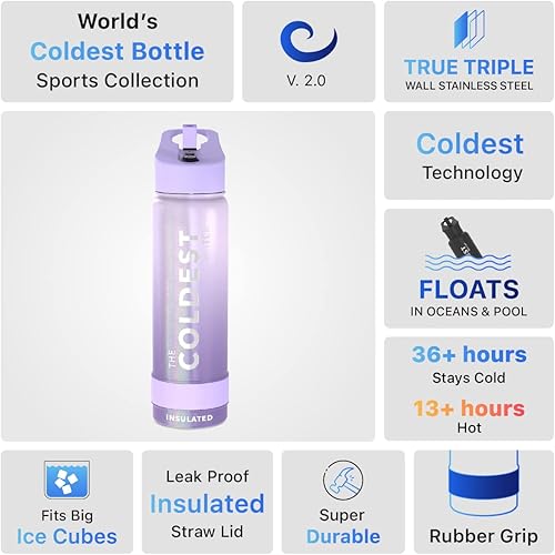 Miniatura 10 de COLDEST Botella de agua deportiva de 32 oz (tapa con pajilla) a prueba de fugas de acero inoxidable con aislamiento al vacío para bebida fría o