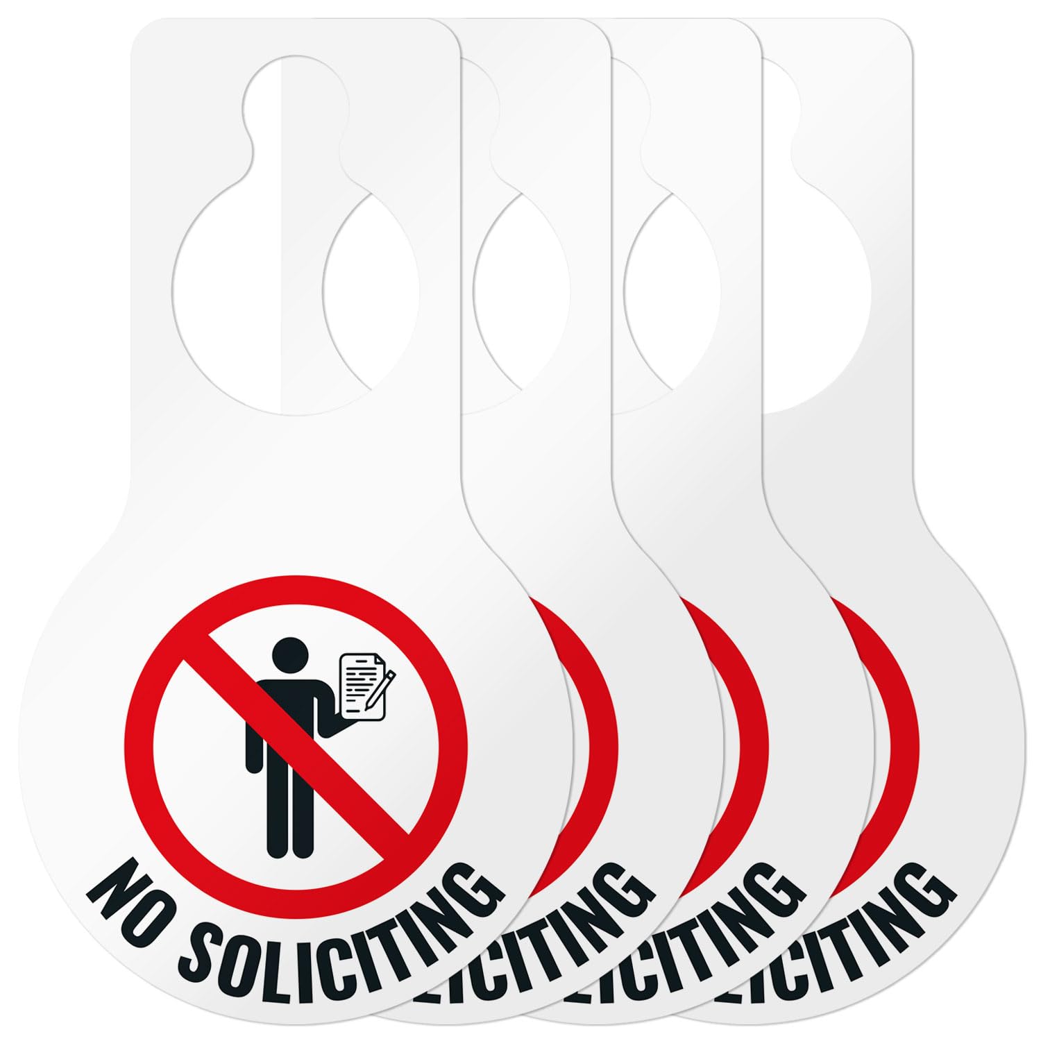 No Soliciting Graphic Hanging Door Tag, (4 Pack) 9x5 Inches, Thick HDPS (high Density polystyrene), Made in USA by Sigo Signs