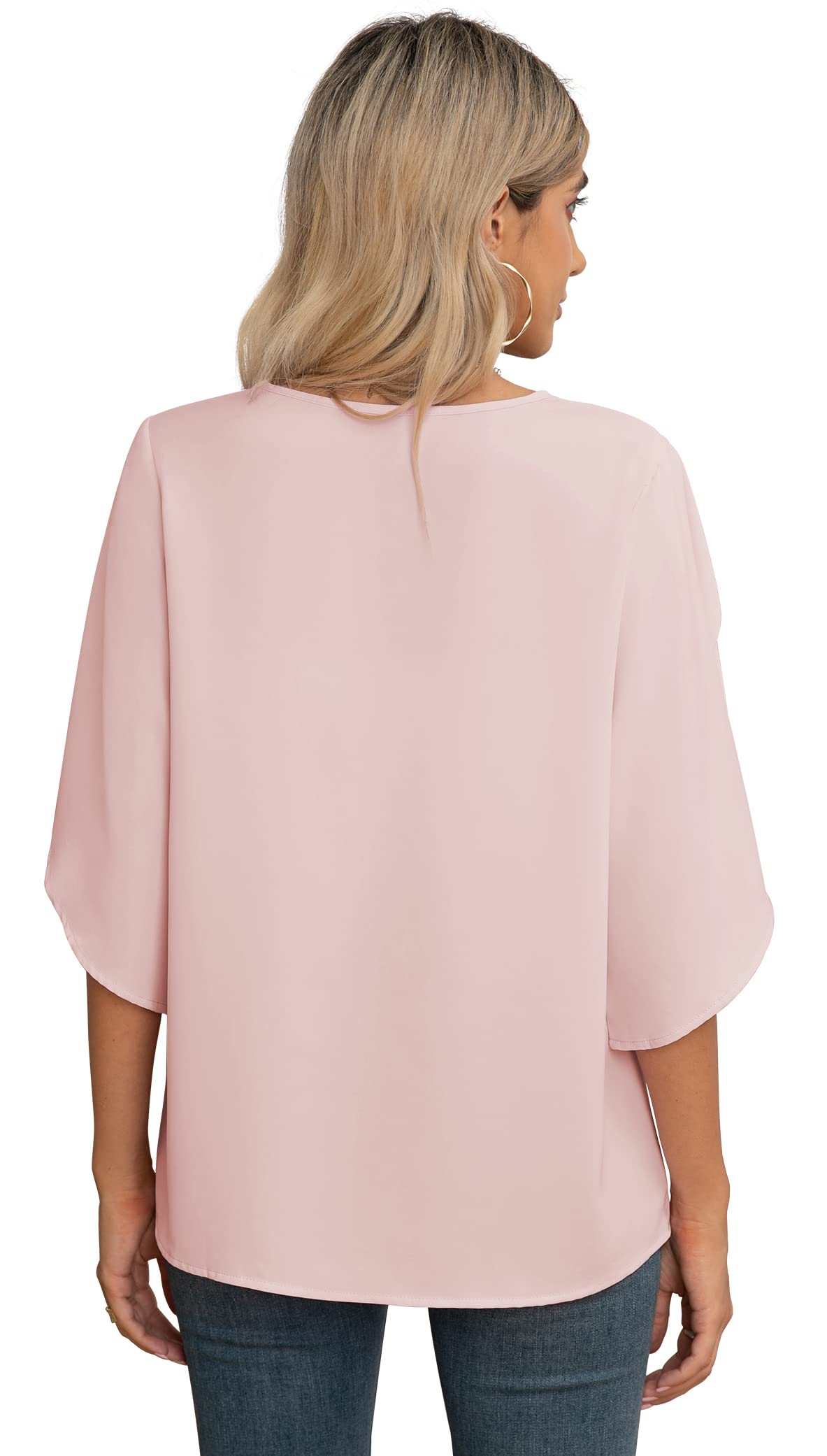Yommay Chemisier d'été en mousseline de soie pour femme - Élégant et décontracté - Manches 3/4 à volants - Col en V