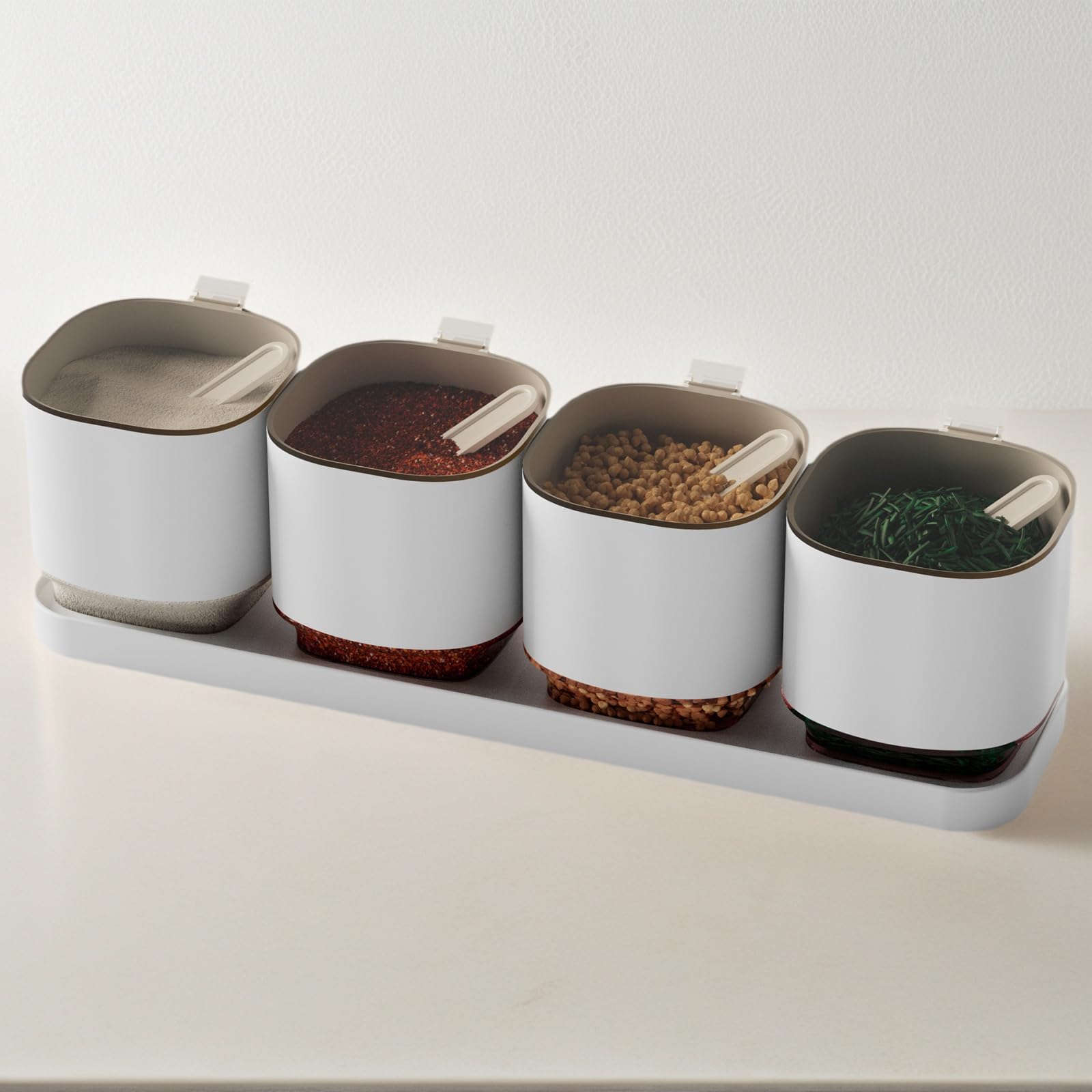 Set de 4 Pots à Épices en Matériau PP et AS avec Support et Cuillère pour Cuisine, Café ou Cadeau (Blanc - 4 Pots-BY)