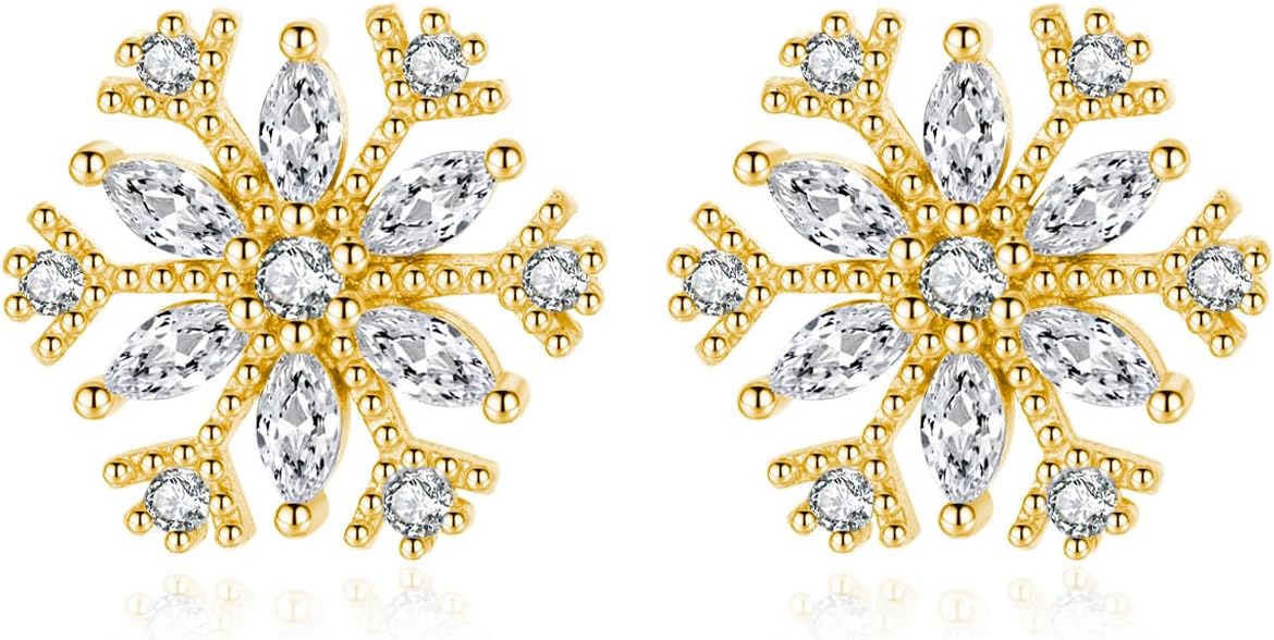 Reffeer Solid 925 Sterling Silver Snowflake Stud Earrings for Women Teen Girls CZ Snowflake Stud Earrings Christmas