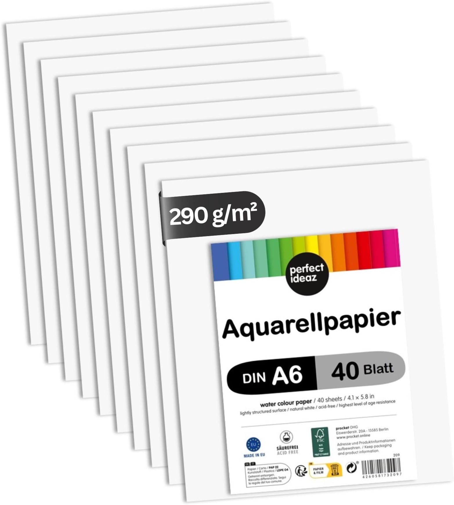 perfect ideaz 40 Sheets FSC Watercolour Paper DIN-A6 290 g/m², 105 x 148 mm (4.1 x 5.8 in), White, Art Paper Lightly Textured & matt, Watercolor Paper for Artists, Students, Ideal Post-Card-SizeThe Forest Stewardship Council