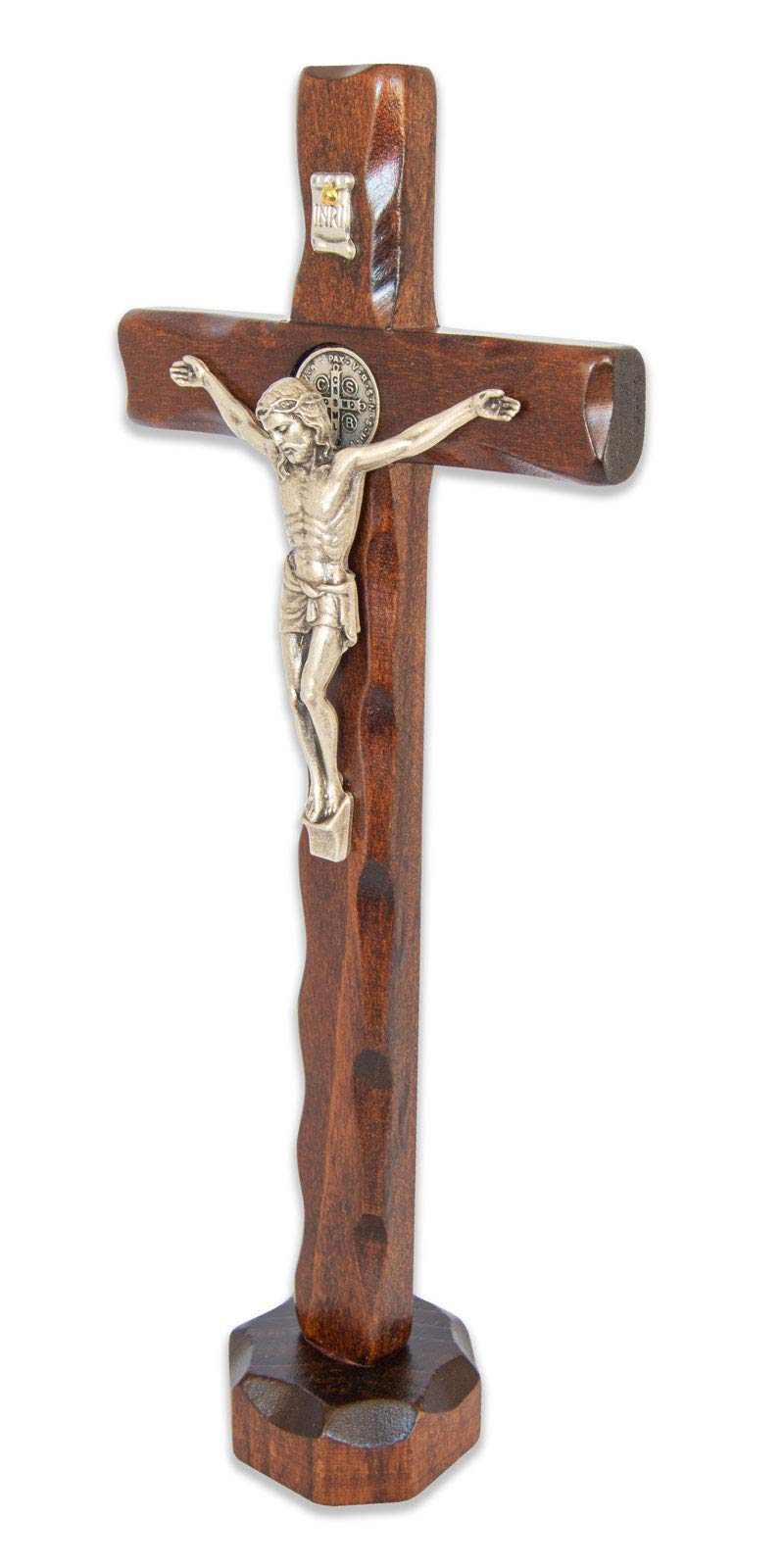 La Balestra - Crucifijo de San Benito en madera natural de mesa - Cristo chapado en plata 999 - Fabricado en Umbría (Italia) - Medidas 25 x 14 cm