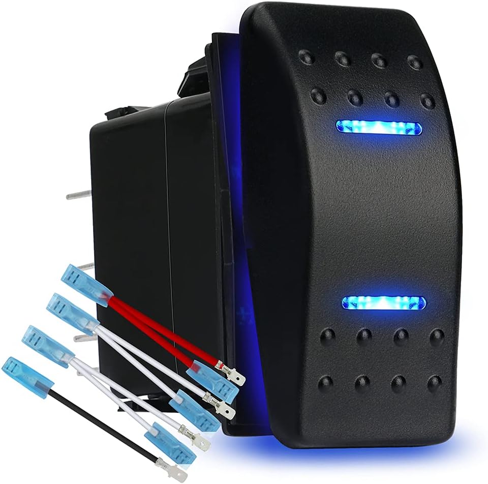 Momentary Rocker Switch Toggle On/Off/On Waterproof 12V/20A 24V/10A 7Pin DPDT Blue LED Light, with Jumper Wires Set for Marine Boat Car Truck Caravan RV SUV ATV UTV