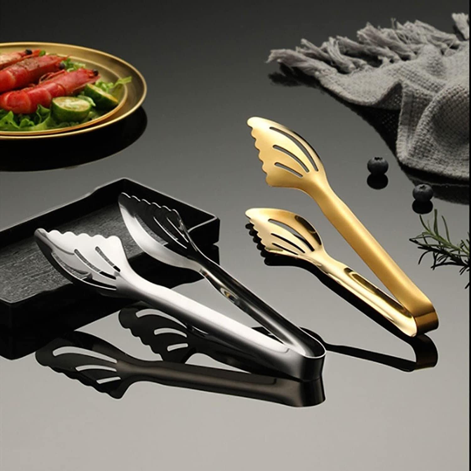 MRKU Utensili da Cucina in Acciaio Inossidabile per Alimenti, Utensili da Cucina per Buffet, pinze per Pane Anti-Calore stabili e Dorate in Argento