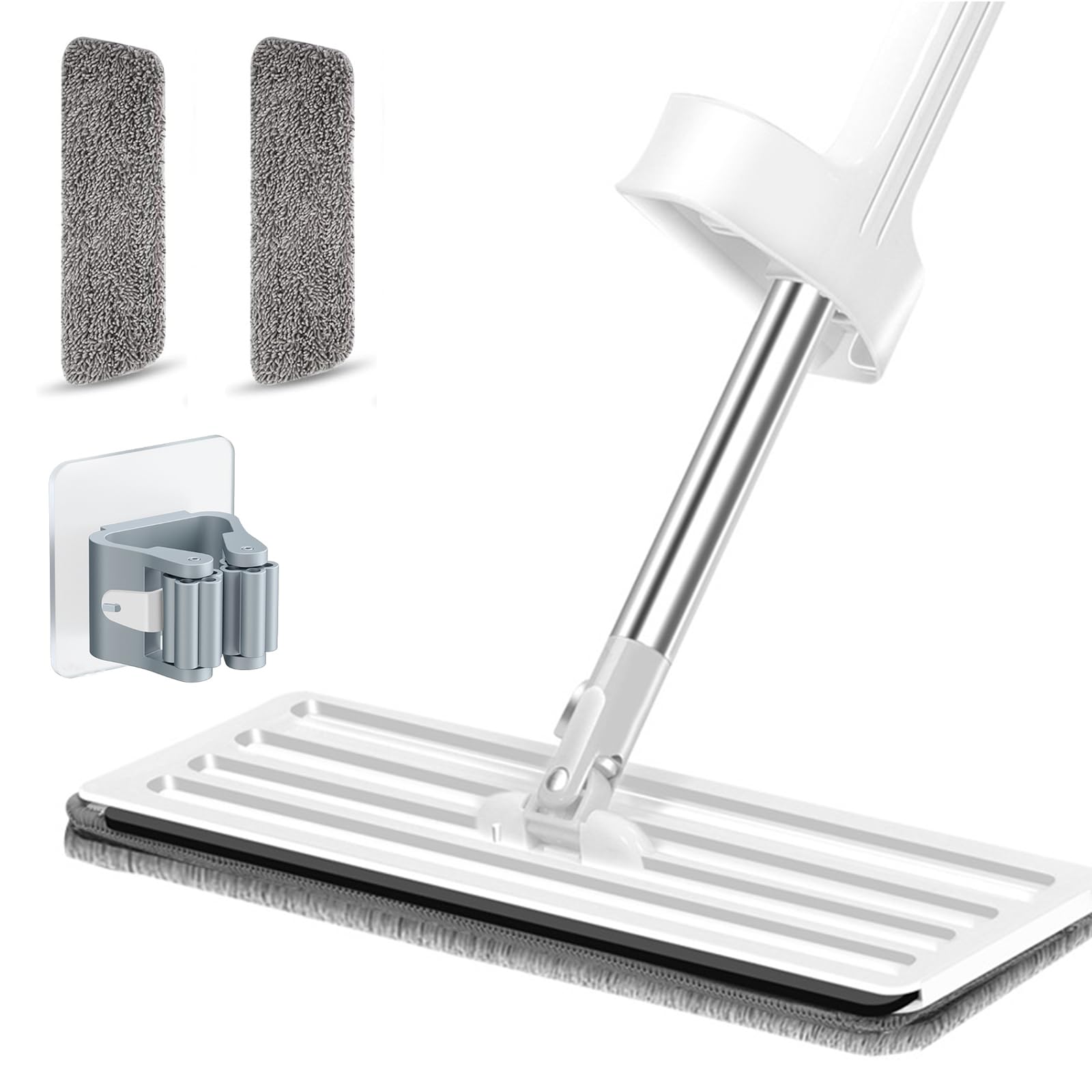 2 - in - 1 Hand - Free Flat Floor Mop with 360° Rotating Squeeze - Ideal for Wet, Dry & Dust Cleaning in Bathroom & Kitchen - 2 Reusable Washable Microfiber Pads Included