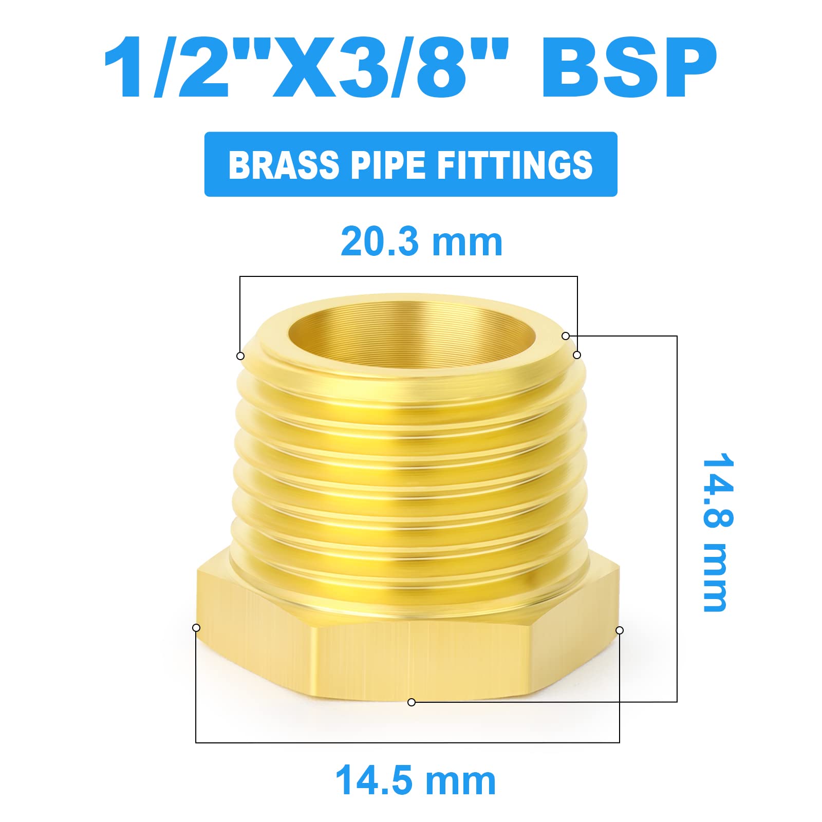 Reductor de latón hexagonal 3/8" BSP hembra a 1/2" BSP macho accesorio de tubería roscada