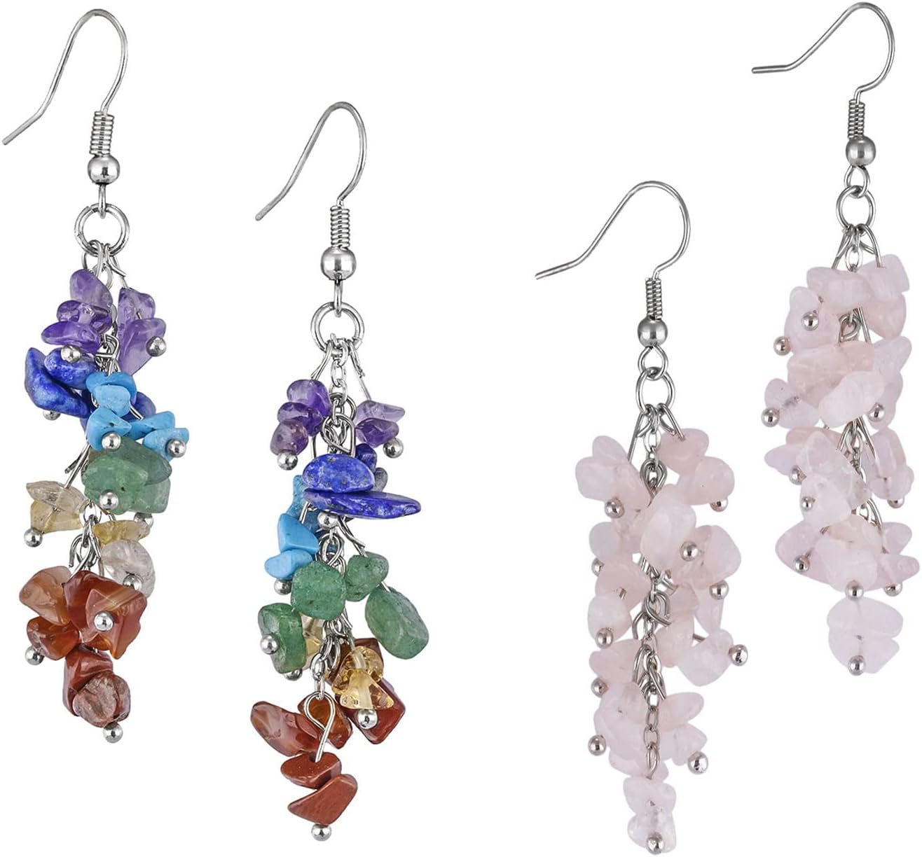 Nupuyai 2 Pairs Natural Tumbled Stones Earrings for Women, Reiki Healing Crystal Long Dangle Hook Eardrop, 7 Chakra Stone & Rose Quartz