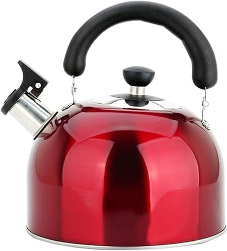 Tetera de té de acero inoxidable de grado alimenticio rojo, tetera de silbato con mango ergonómico y boquilla recta