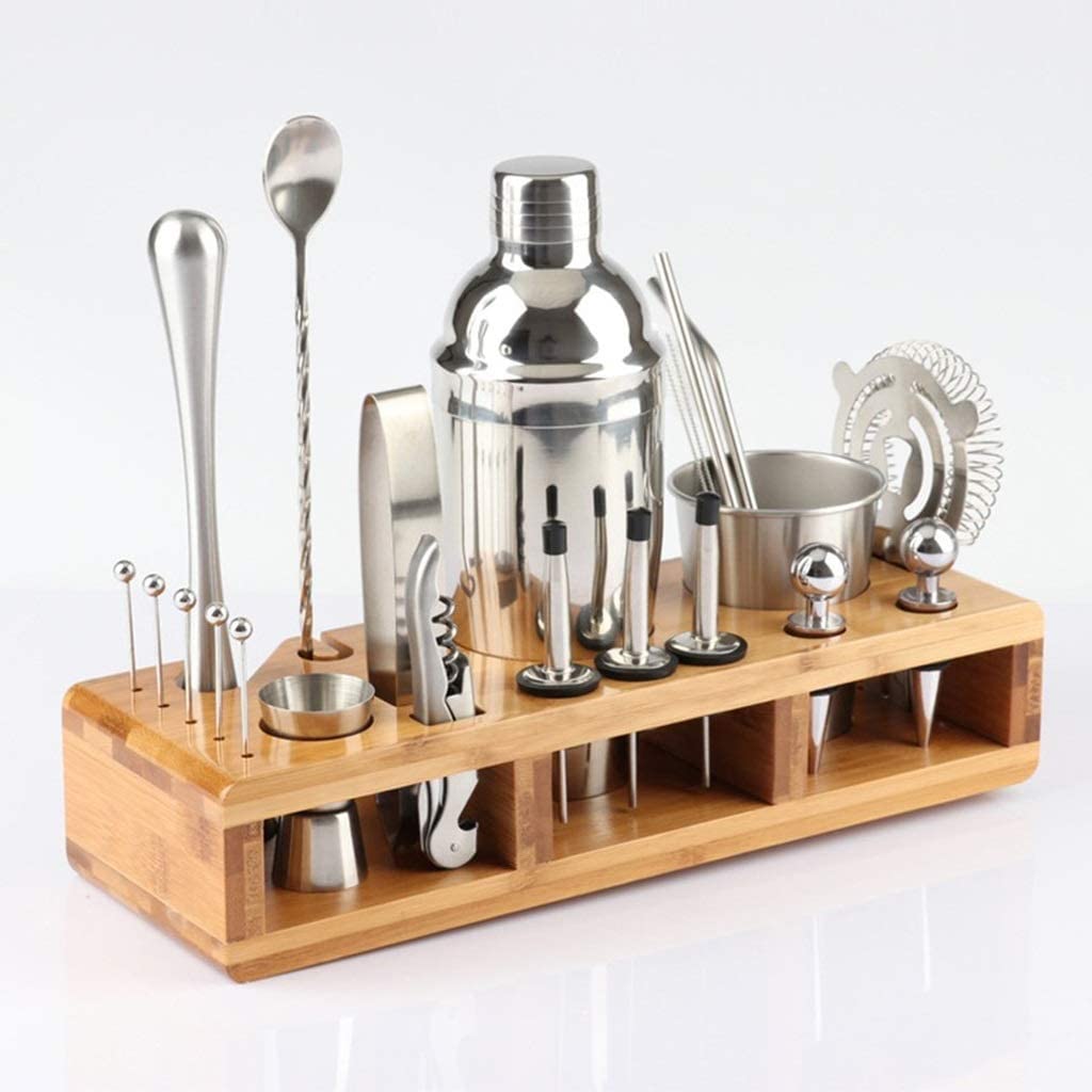 Kit de Barware de Ensemble de secoueur de Cocktail d'acier Inoxydable de 23 pièces avec Le Support carré en Bois pour des Outils de Barre de Partie de Boisson de Barman