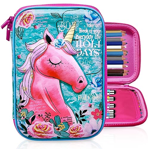 Image of FunBlast Unicorn Pencil Pouch for Girls - Multipurpose Zipper Pouch, Hard Canvas Large Capacity Pencil Case, Stationary Organizer Pouch, School Supplies for Kids, Girls (Sky Blue)