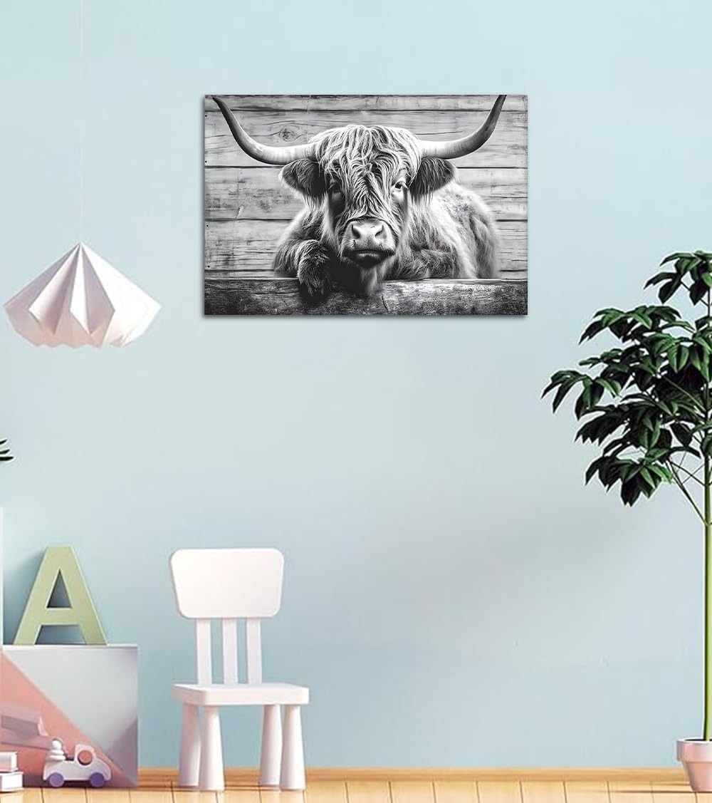 Novatique Highland Cow Canvas Wall Art Highland Cow Picture Wall Decor Black and White Animals Poster Framed Scottish Cattle Canvas Print for Bedroom Office Home Decoration,12 x 16inch