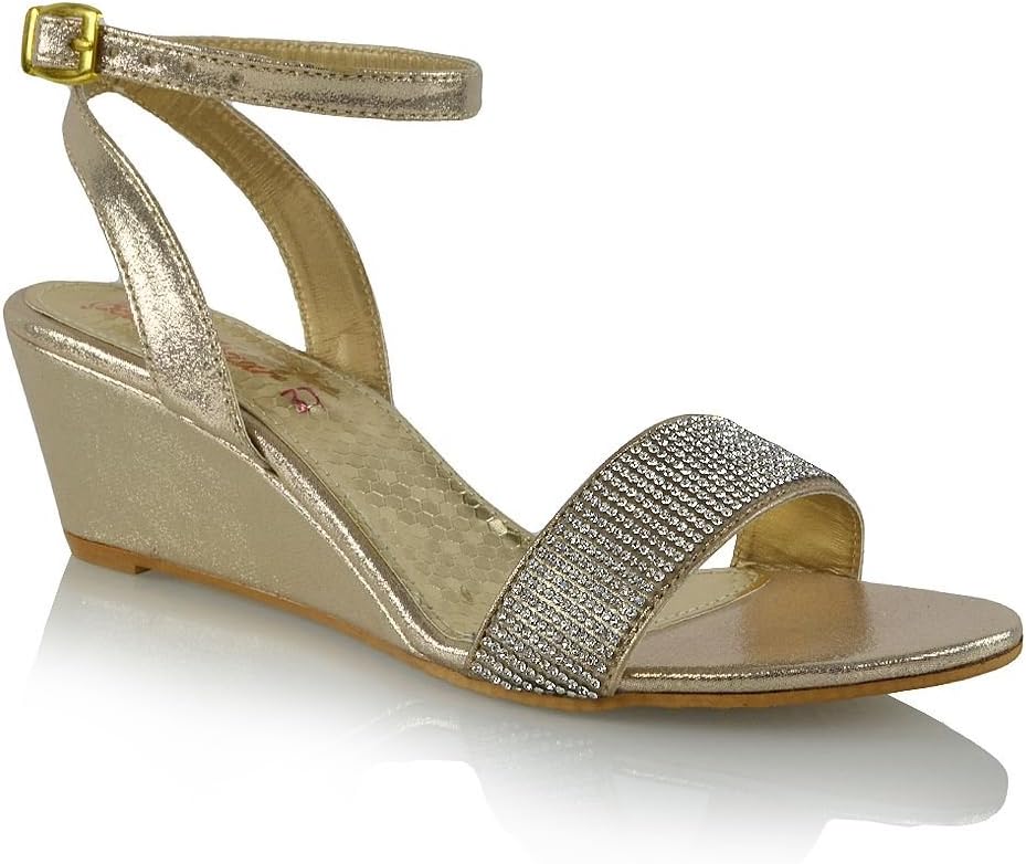 ESSEX GLAM Womens Ankle Strap Diamante Gold Metallic Wedge Heel Sandals 9 B(M) US