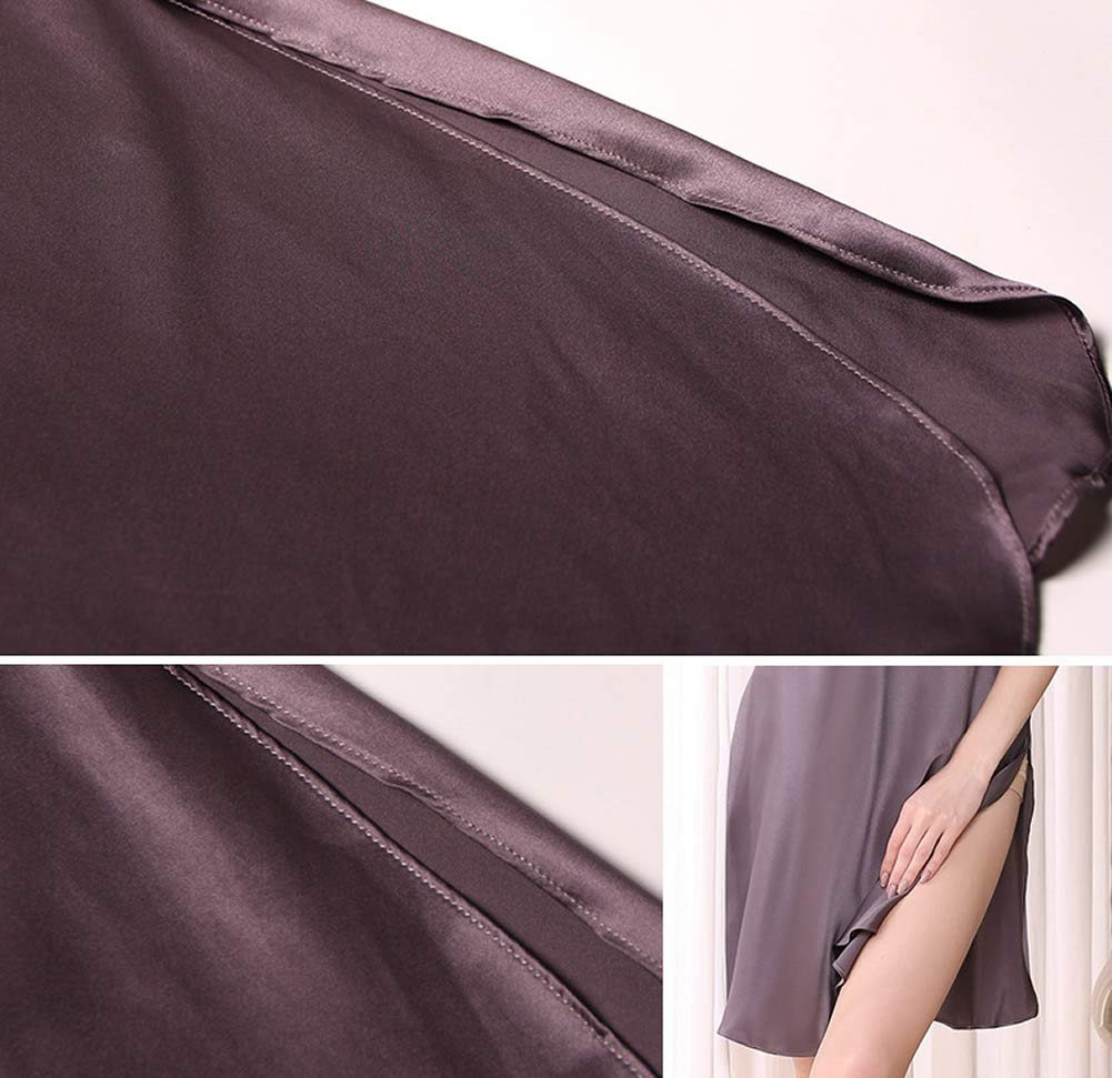 E-girl Damen 100% Seide Spitzen V-Ausschnitt Nachthemd | Seidenstoff, V-Ausschnitt Spitzenborte, kurze Flügelärmel, Seiten-Schlitz Saum, lockere Passform