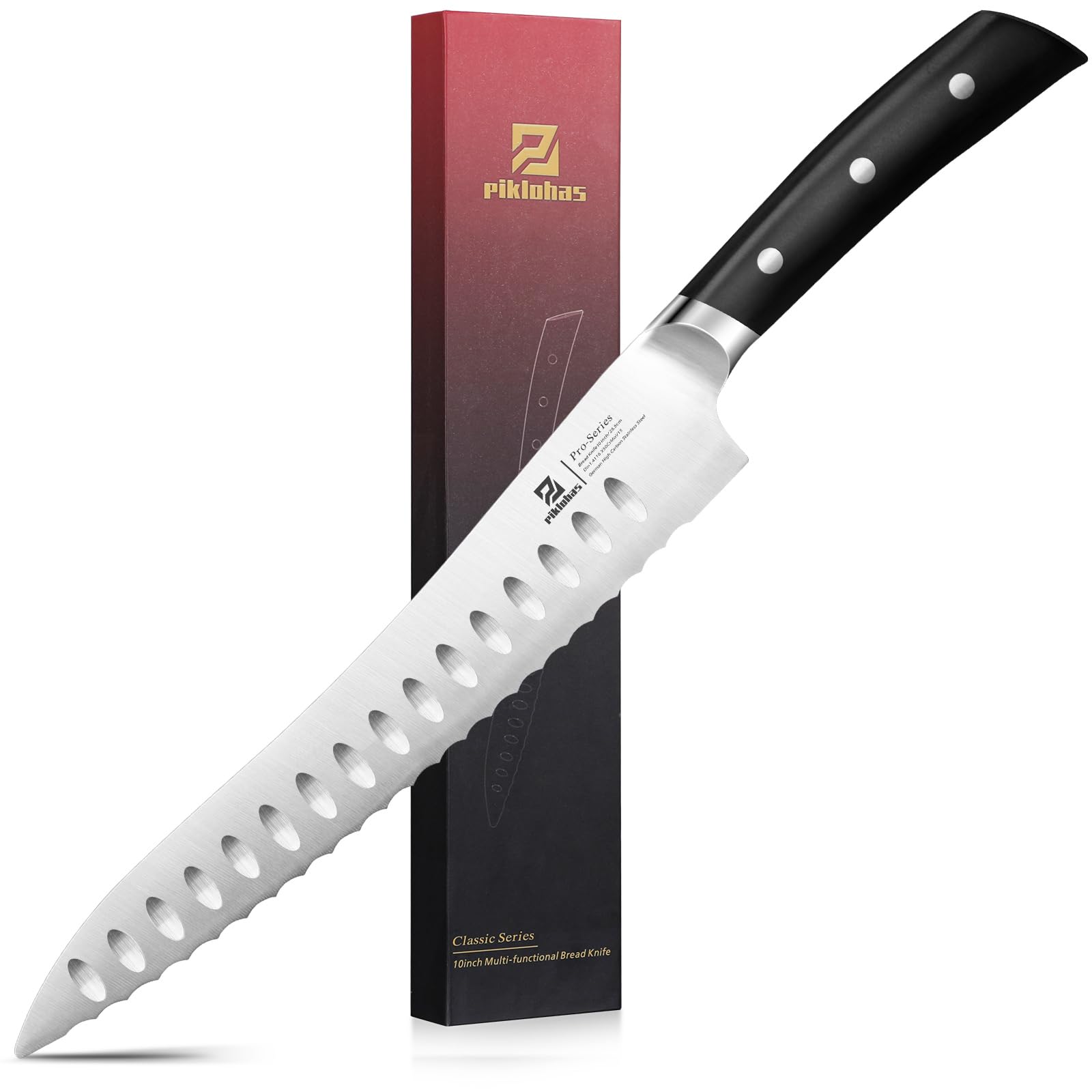 Piklohas 10-Zoll Nachschärfbares Brotmesser Wellenschliff aus Deutscher HC-Edelstahl Brötchenmesser, Extra Scharfe Bäckermesser für Brot, Frühstück mit dem Geschenkbox Bread Knife