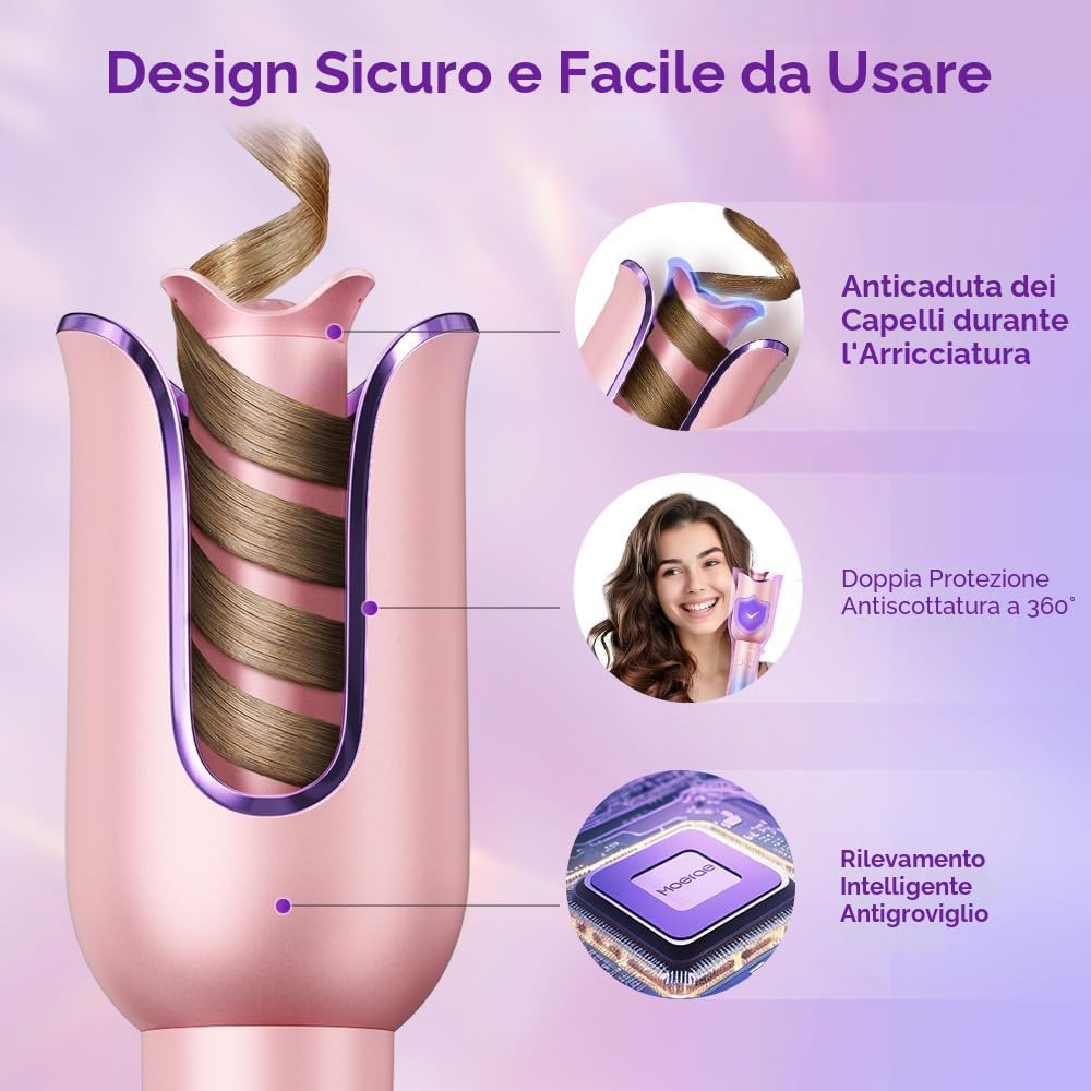 Ferro Arricciacapelli Automatico, Piastra Arricciacapelli 23mm, Ferro Arricciacapelli con Ioni Negativi, 3 Temperatura, Design Antiscottatura, Arricciacapelli Automatico Intelligente