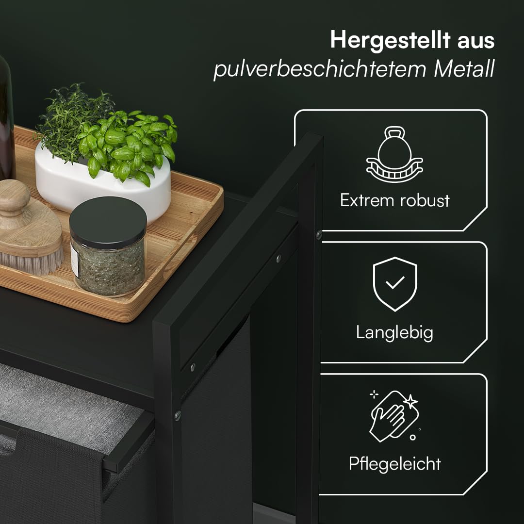 STEELSØN Rigil Wäschesammler 4 Fächer – Wäschekorb mit 1 Ablage – 4x 40 L Wäscheboxen in schwarz – Metall Wäschesortierer – ausziehbare & herausnehmbare Wäschesäcke – Schmutzwäschebehälter