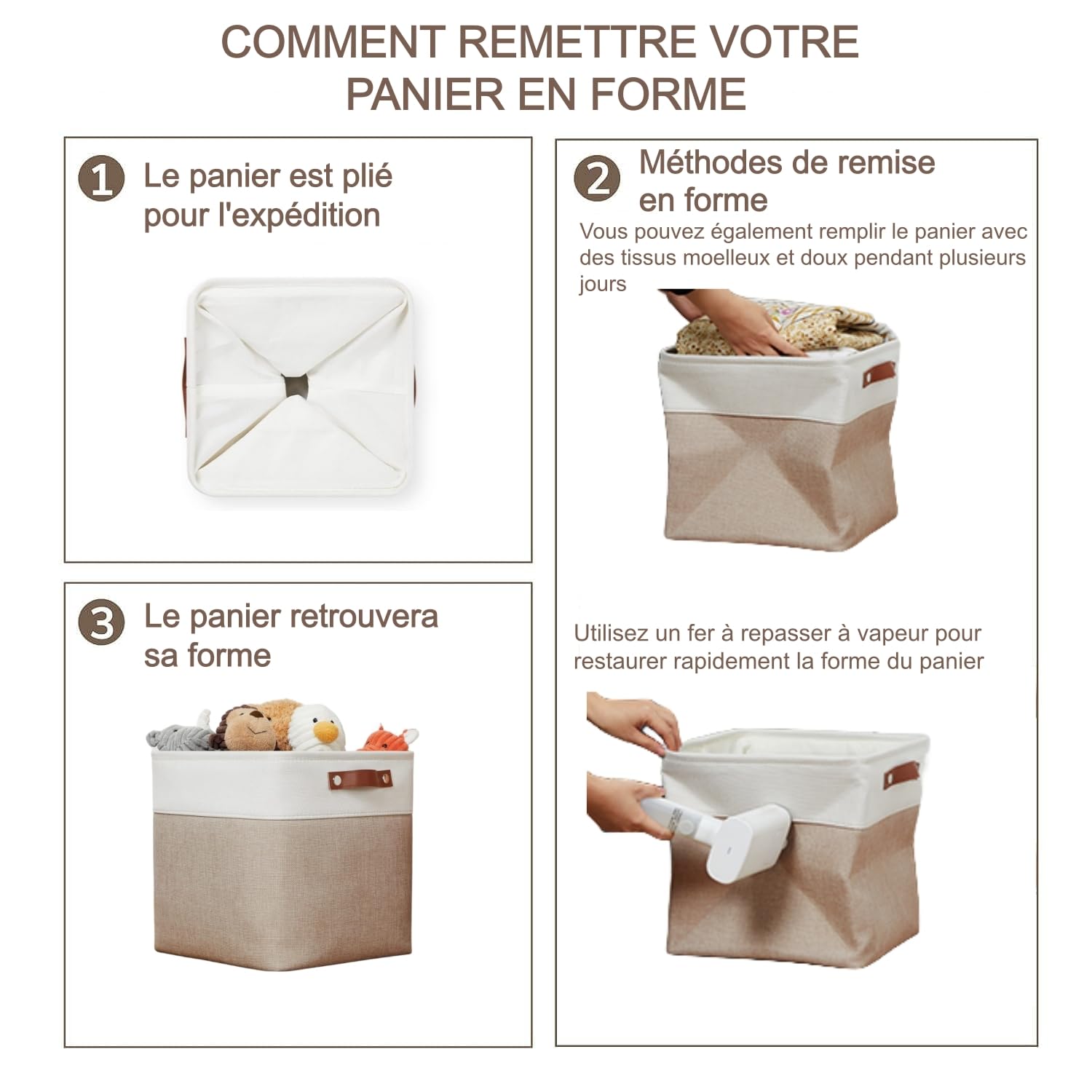Lot de 4 Boîtes de Rangement en Tissu, 30x30x30cm, Avec Poignée en Cuir Synthétique pour Étagère Cube, Étagères, Penderie, Kaki et Blanc