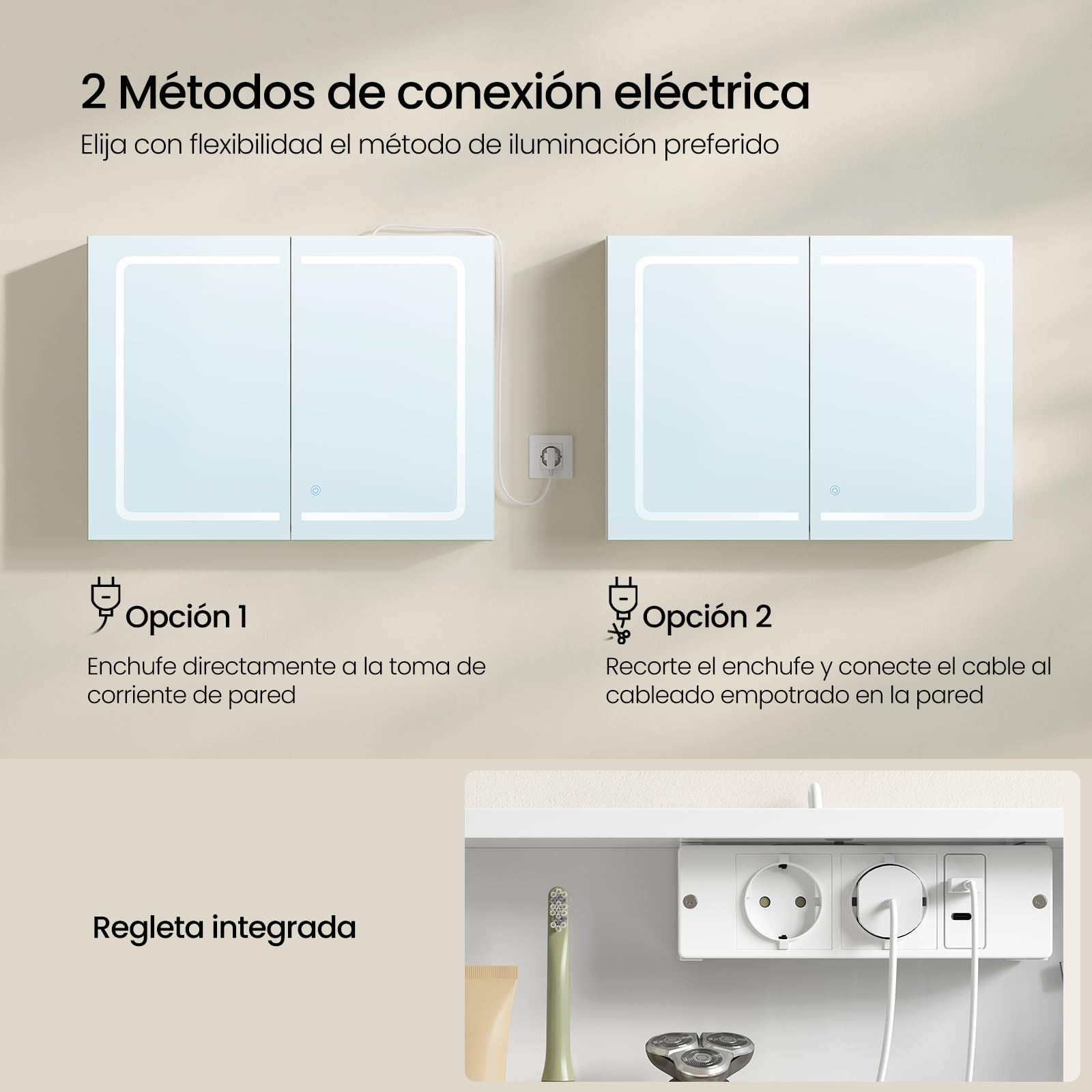 EUGAD Mobile Bagno con Specchio e Luce, Armadietto Bagno a 3 Porte con Ripiani Regolabili, Ganci e Prese, Luce Tattile a 3 Colori, per Appartamento, Bianco (80x14,5x60 cm)
