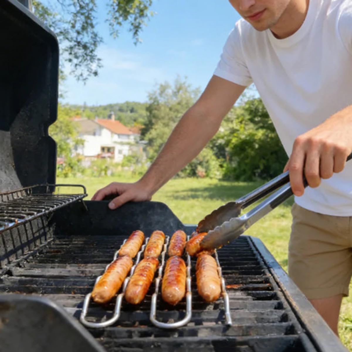 Rullo per salsicce in acciaio inox, girevole a 360°, per salsicce cotte uniformemente, supporto girevole per hot dog, barbecue all'aperto, campeggio