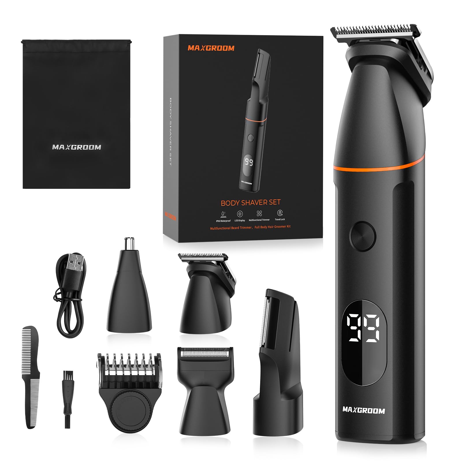 Intimrasierer Mann, Körperrasierer Herren, 4 in 1 Barttrimmer Männer mit Nasenhaartrimmer, wiederaufladbarer Elektrorasierer für Körper, Intimbereich, Bart, Rücken, Hoden und Scham (Schwarz)
