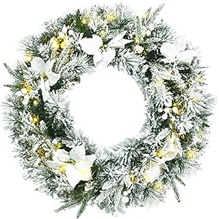 COSTWAY 60cm/24inch Pre-Lit Christmas Wreath with 50 LED Lights, Flowers & Berries, Built-in Timer, Battery Operated Artificial Wreaths Christmas Decoration for Door Table Window Wall (Snowy)