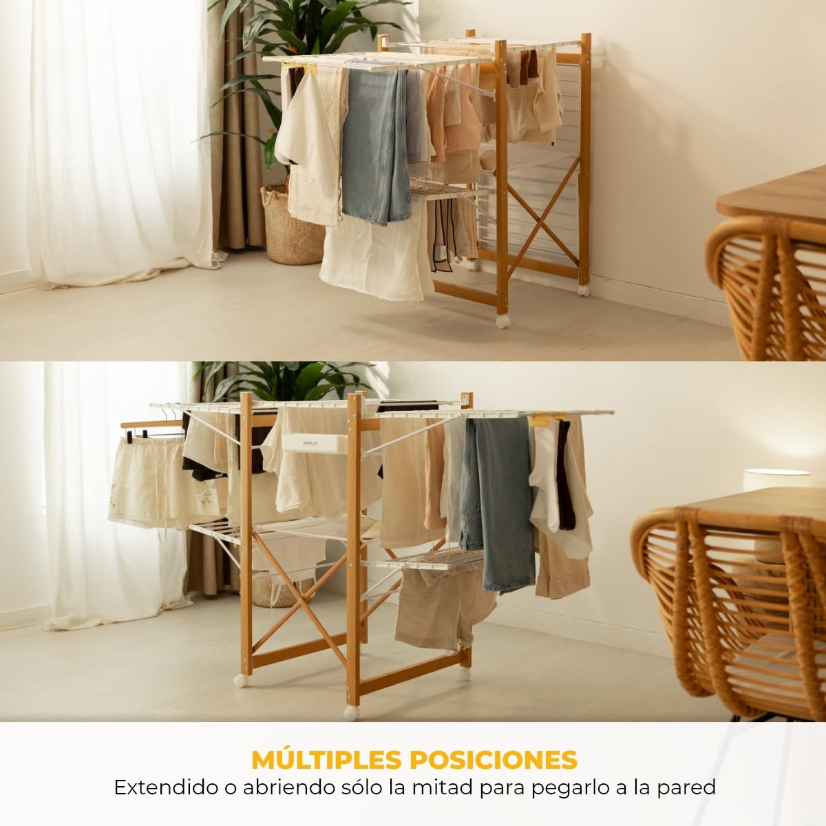 Newlux - Tendedero Plegable con Alas 30m XXL Wood V35, 3 Niveles (176x61x104cm). Tenderete de Ropa Plegable con Ruedas, Accesorio para Ropa Delicada y Pinzas, Ganchos Laterales, Blanco