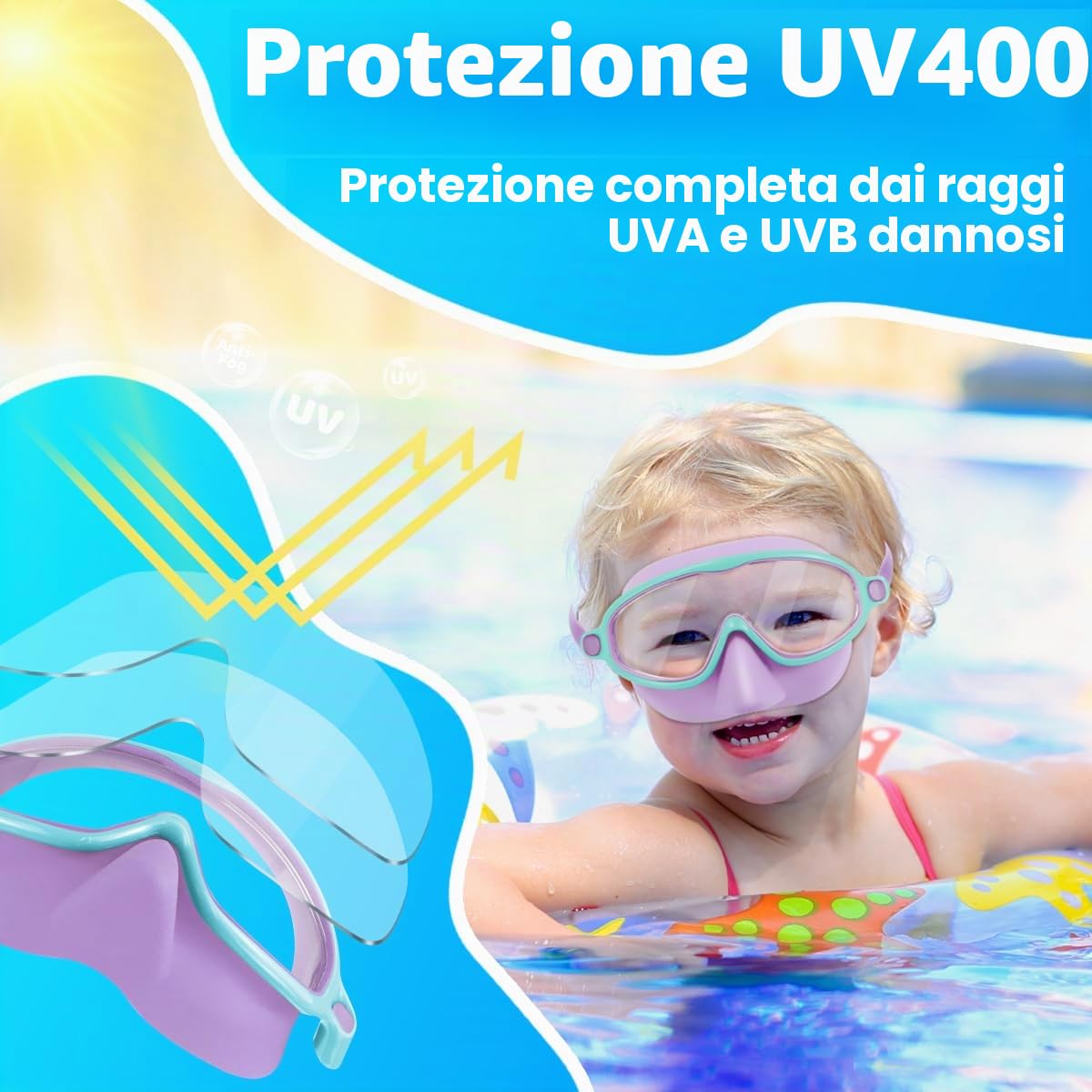 Vvinca Set di 2 occhialini da nuoto con protezione per il naso per bambini da 3 a 15 anni | Maschera subacquea grandangolare, impermeabile, anti-appannamento, protezione UV