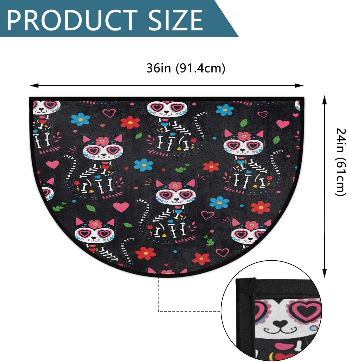 Half Round Rugs Day of The Dead Halloween Cats Flowers Semicircular Indoor Door Mat Entryway Welcome Mat Non-Slip Half Round Low Profile Door Mat for Patio High Traffic Areas
