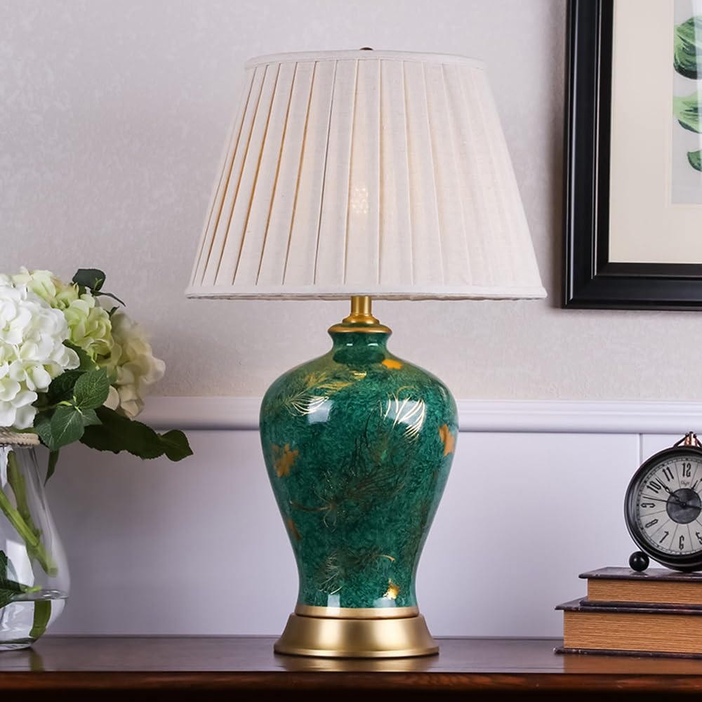 Ceramiczna lampa stołowa w stylu retro, zielona farma, elegancka lampa biurkowa do domowego biura, sypialni(Remote Control Switch,L)