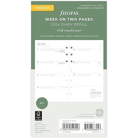 Filofax Personal Eco Week on Two Pages 2024 Refillable Diary with Tabs