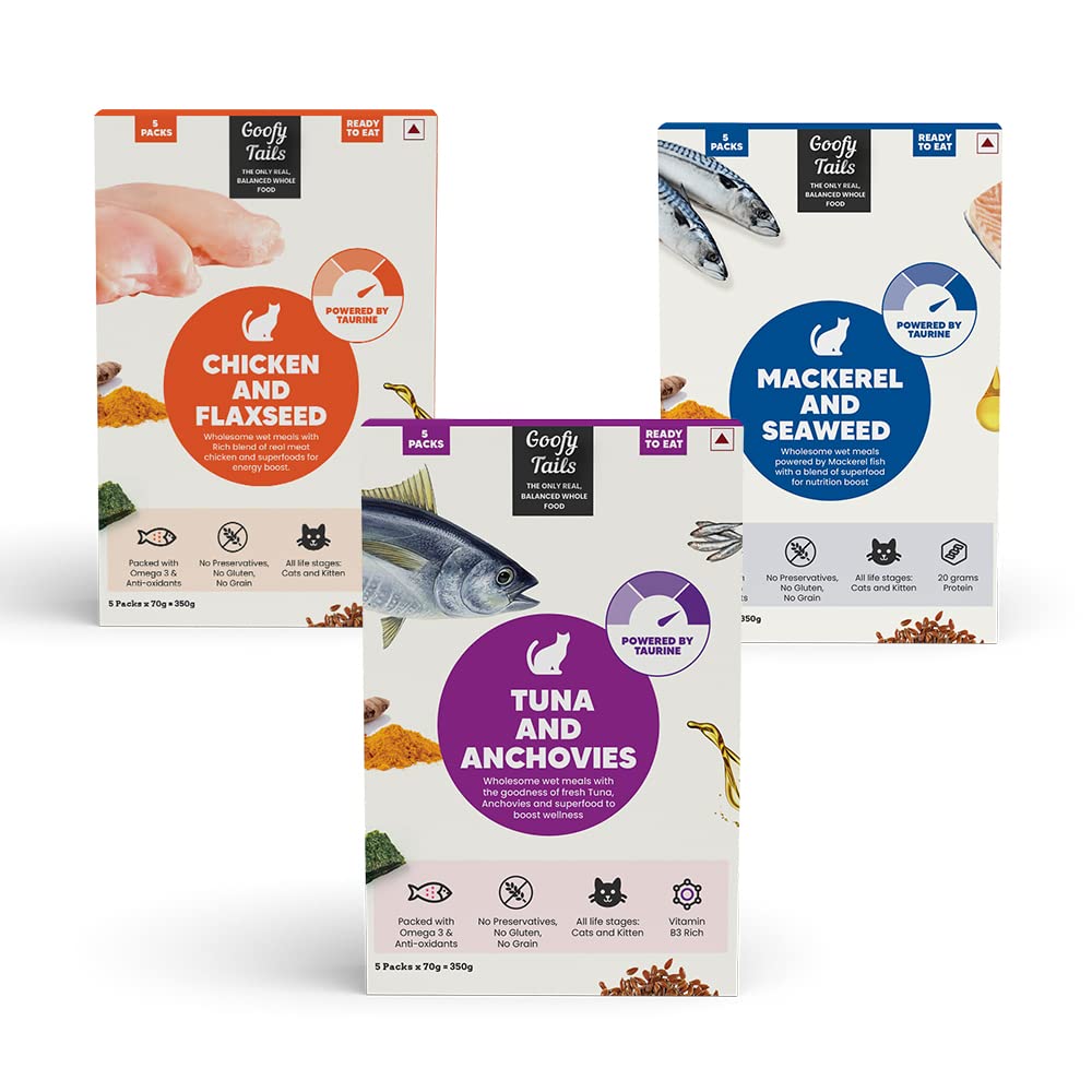 Goofy Tails Wet Cat Food and Kitten Food 3 Combo, 1050g (15 Pouches x 70g), Tuna and Anchovies, Mackerel and Seaweed, Chicken and Flaxseeds, Preservative Free, Wholesome, Natural Cat Wet Food (B0BZ8PX2WD) Amazon Price History, Amazon Price Tracker