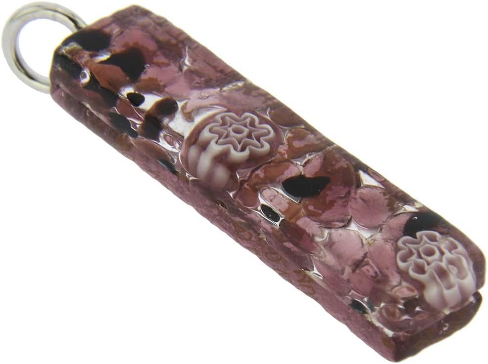 Glass Of Venice Murano Glass Venetian Reflections Stick Rectangular Pendant Silver Purple Millefiori Flowers - Handcrafted Venetian Jewelry Made in Italy