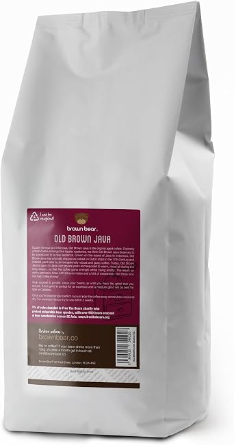 Old Brown Java Dark Roast Strong Aged Coffee Beans 1kg - Suitable For All Machines - Brown Bear Indonesia Indonesian Coffee - Strength 5 - Donation to Free The Bears
