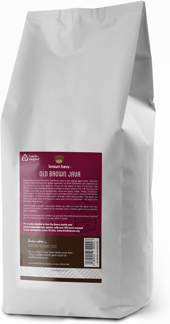 Old Brown Java Dark Roast Strong Aged Coffee Beans 1kg - Suitable For All Machines - Brown Bear Indonesia Indonesian Coffee - Strength 5 - Donation to Free The Bears