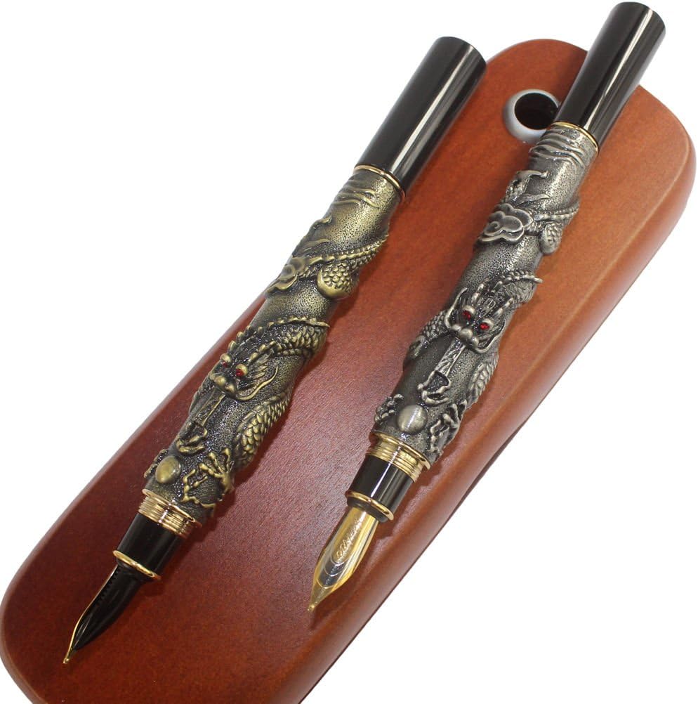 Gullor Luxury Fountain Pen Jinhao Chinese Dragon/Loong Bronze Basso-relievo Medium Nib + 2 sticks Brown Wooden pen box
