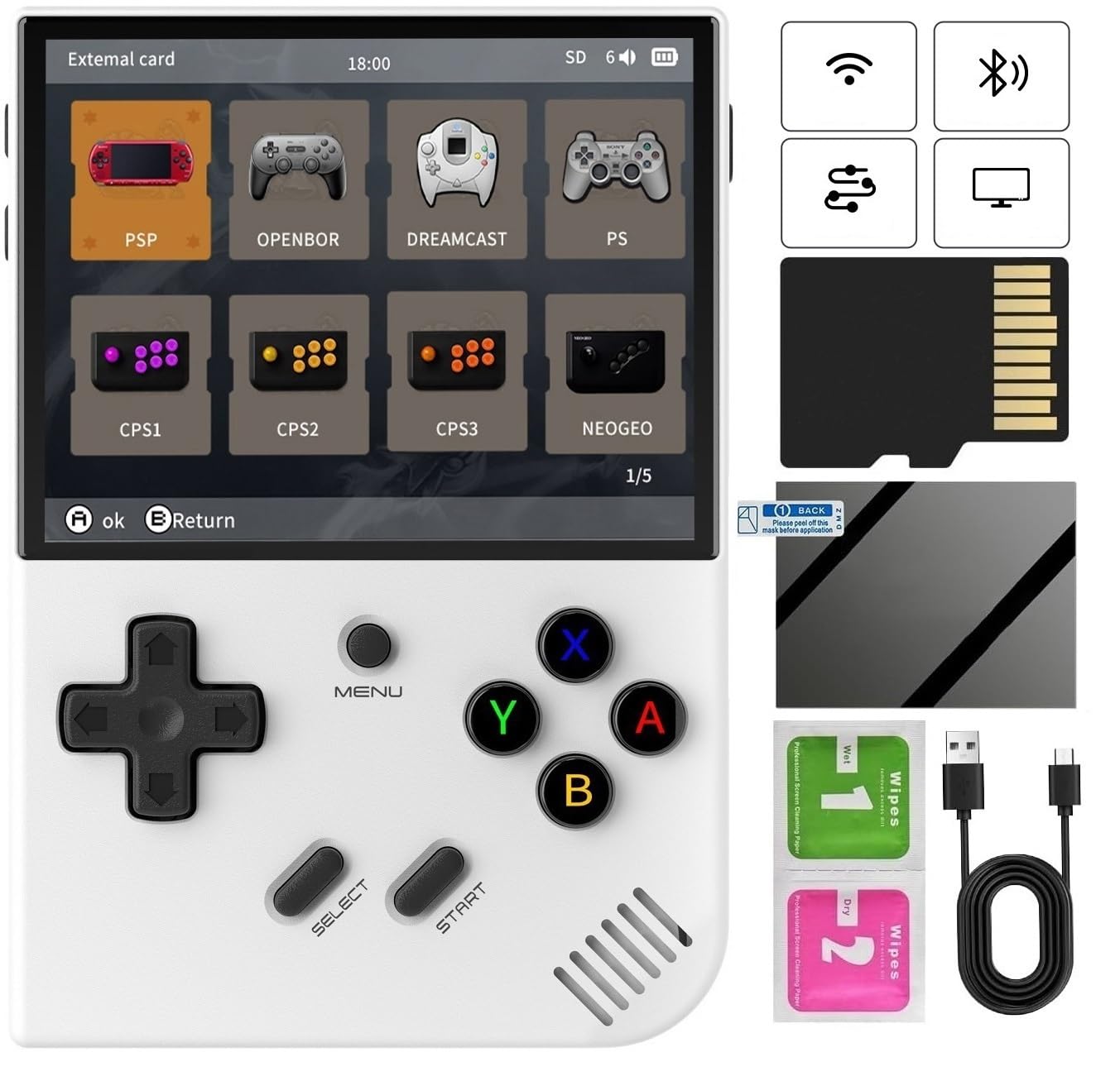 RG35XX Plus Retro Handheld Game Console , 3.5 Inch IPS Screen Linux System Built-in 64G TF Card 5528 Games Support TV Output 5G WiFi Bluetooth 4.2 (White-New)