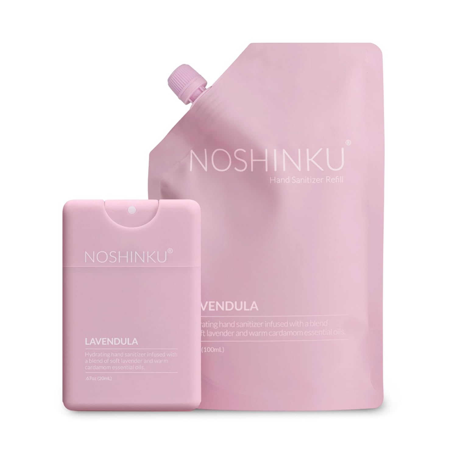 Noshinku Lavender Pocket Hand Sanitizer Refill Kit: Refill Pouch + Sprayer Bundle | Organic Antibacterial Sanitizing Mist with Moisturizing Oils | FDA Registered | 70% Sugarcane Derived Alcohol