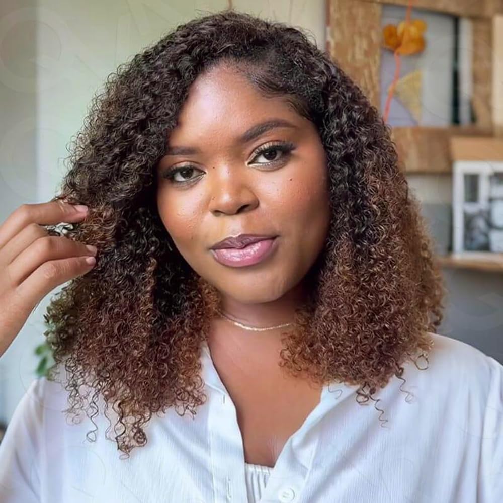QVR Extensions de cheveux humains afro crépus bouclés au crochet fabriqués à la machine - Brun ombré - 35 cm