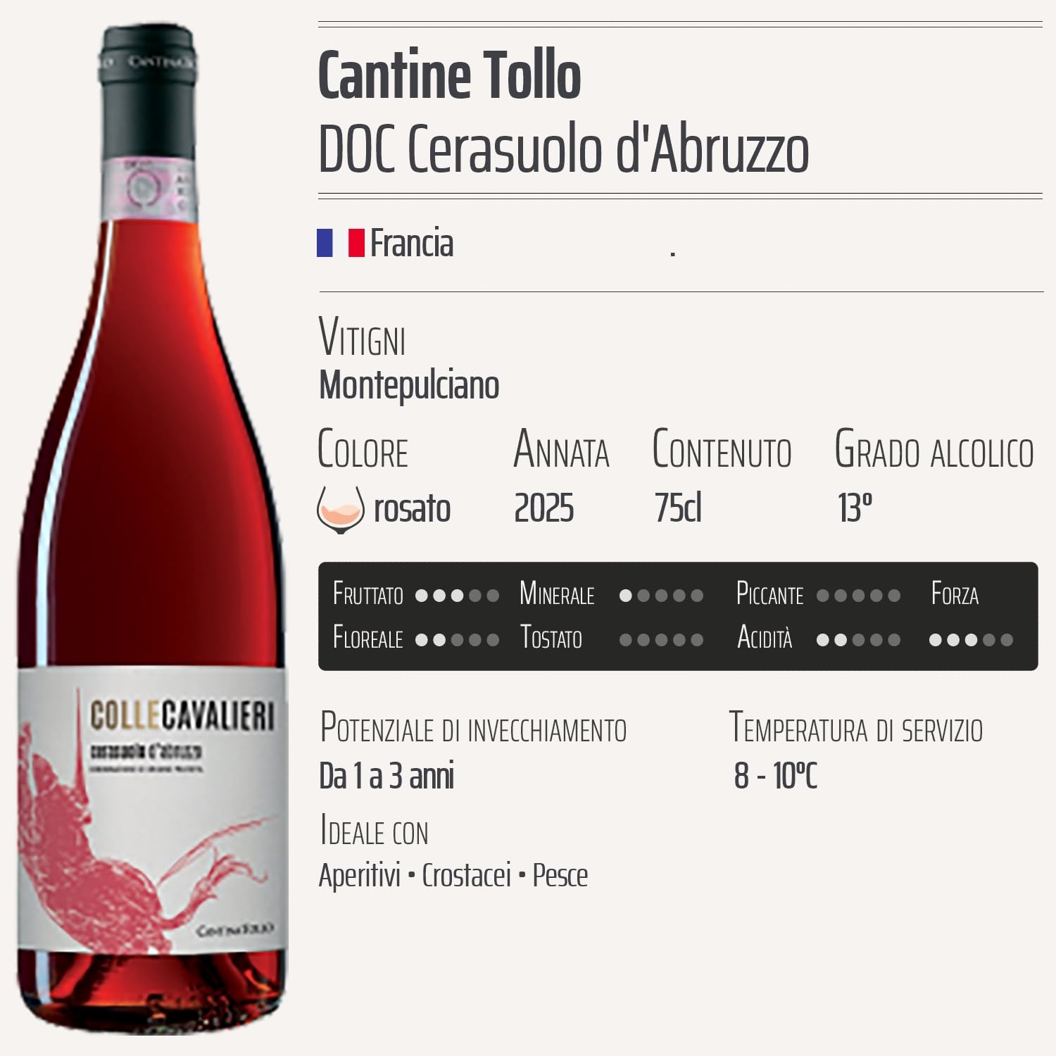 Cerasuolo d'Abruzzo Colle Cavalieri rosato 2025 - Cantine Tollo - DOC - - Francia - Vitigni Montepulciano - 12x75cl