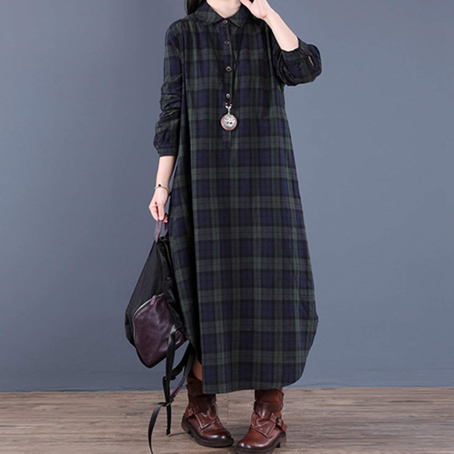 綿麻マルチチェックワンピース(前開き)（シャツワンピース）｜SUPER HAKKA（スーパーハッカ）｜HAKKA公式オンラインショップ [KANNA] レディース ワンピース チェック柄 XXL チュニック 綿麻ワンピース 長袖 ロングワンピース ラペル シャツワンピ