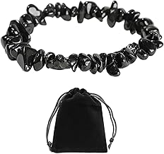 DAZZLUXE Black Natural Stone Bracelet with Velvet Bag - Elastic Gemstones, Irregular Black Tourmaline, Healing - For Men and Women, Stone