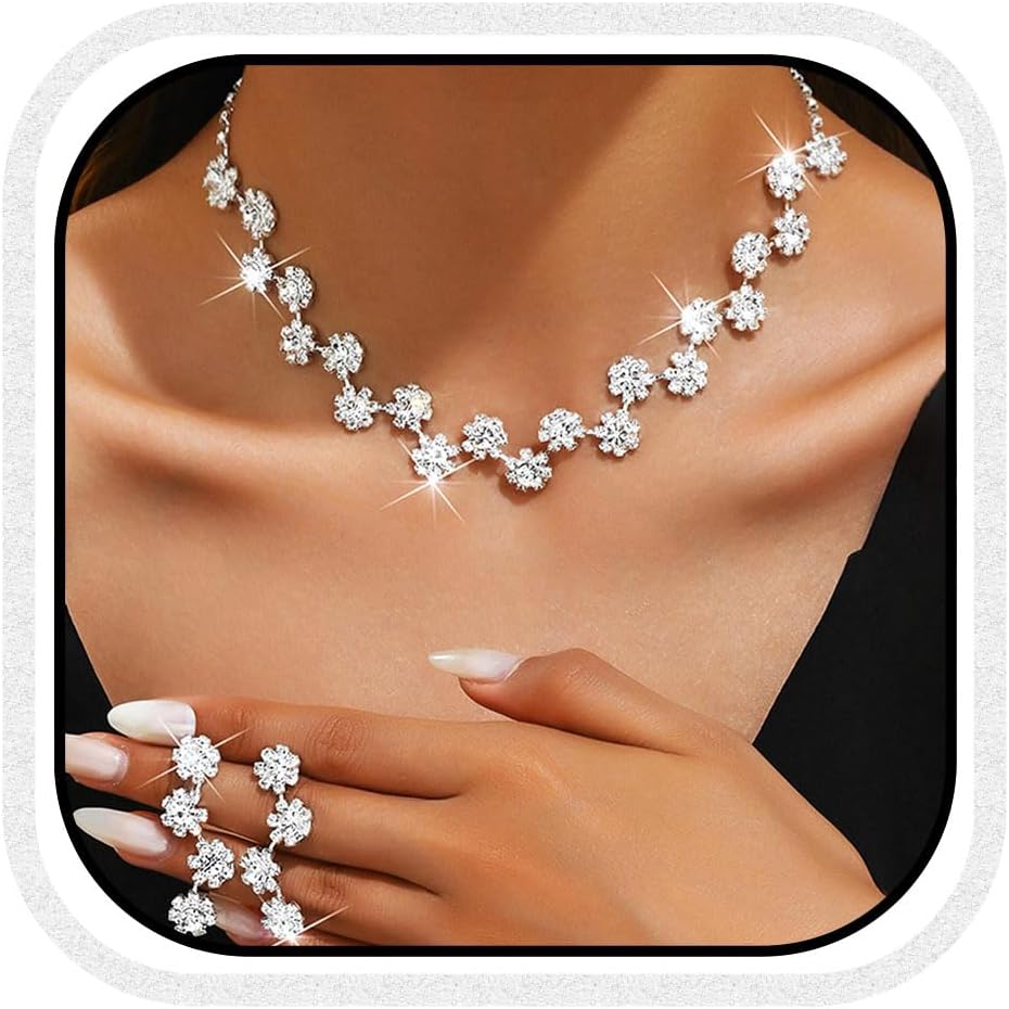 Aukmla Rhinestones Bridal Jewelry Set Silver Crystal Bride Wedding Necklace Earring Sets Prom Necklaces for Women Aukmla Rhinestones Bridal Jewelry Set Silver Crystal Bride Wedding Necklace Earring Sets Prom Necklaces for Women