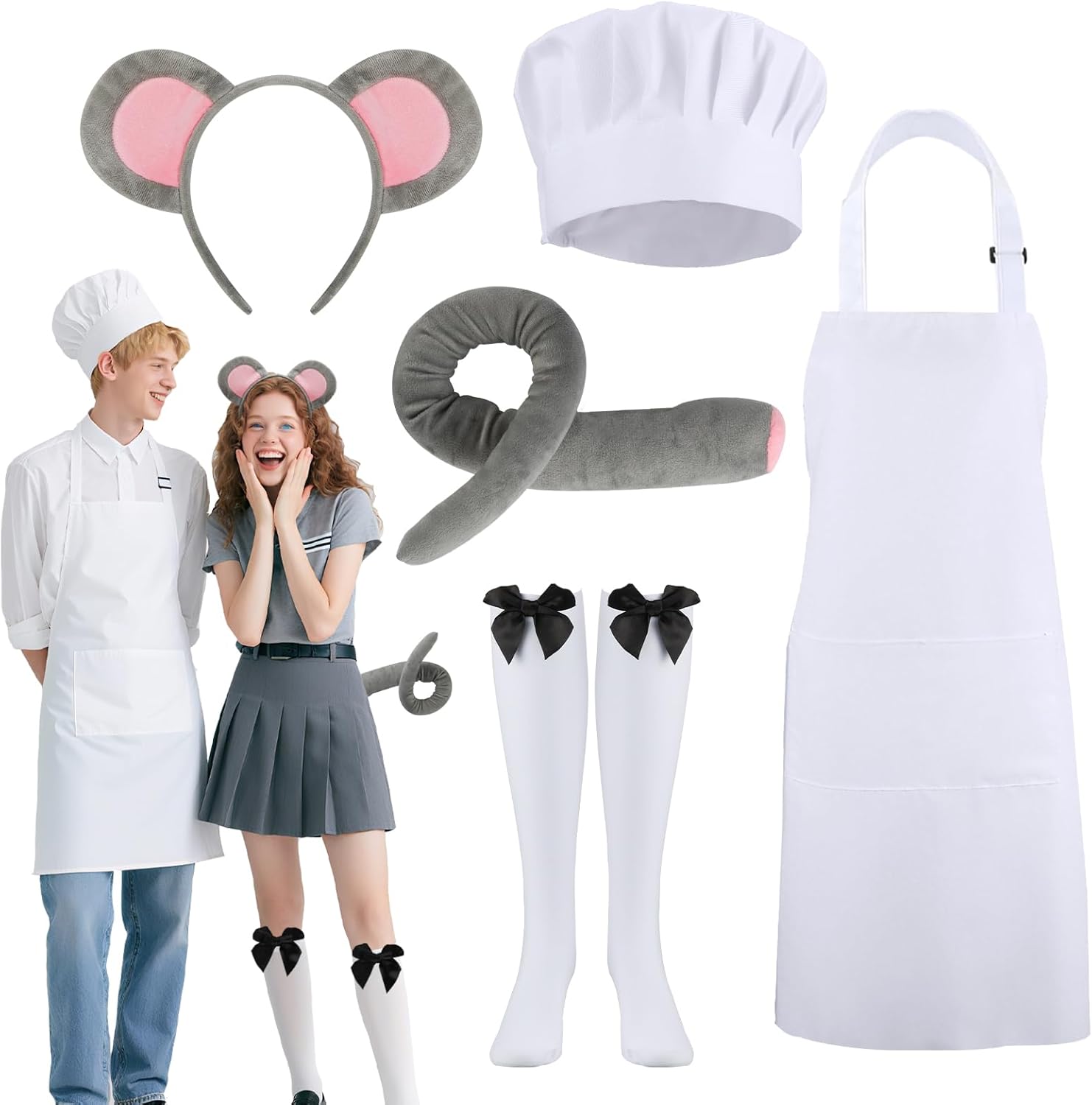 5 Pcs Couple Mouse Costume Accessories for Man and Woman with Adjustable Apron Chef Hat Mouse Headband Tail and Bow Socks for Women Men Halloween Cosplay Party