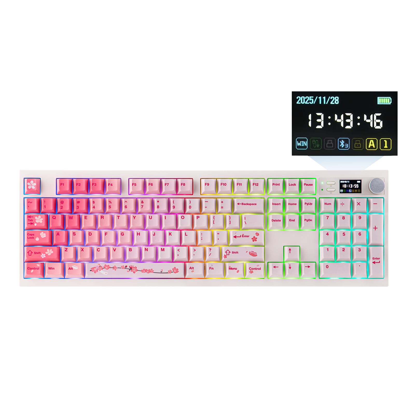 epomaker qk108 full size mechanical keyboard with screen & knob, 8000mah, creamy&thocky, gasket, rgb backlit, mac keycap, wireless gaming keyboard for mac/win (pink, sea salt silent)