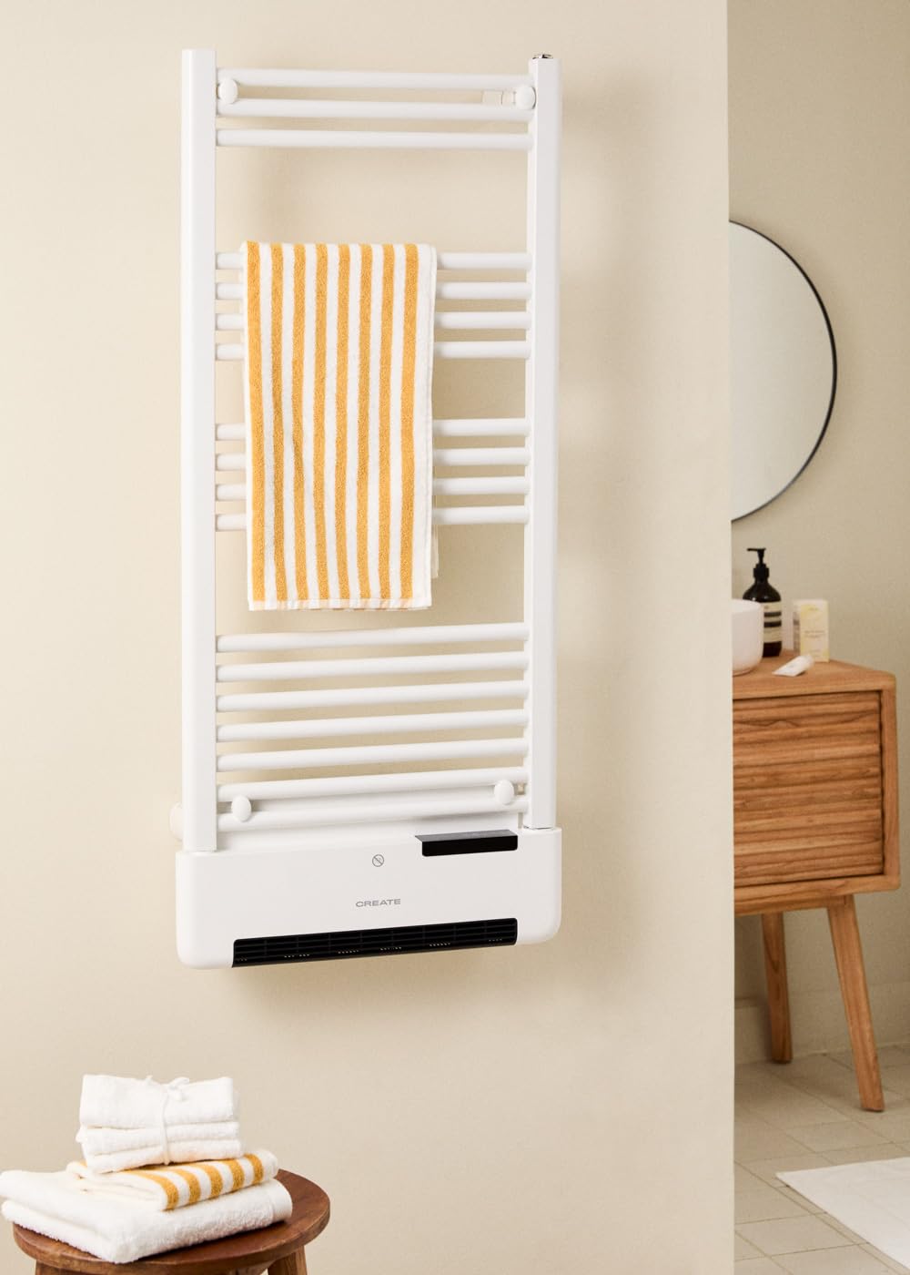 CREATE / Warm Towel Advance/Toallero eléctrico con Calefactor y WiFi Blanco / 51,5x11x115,5 cm/Control Desde la App, Pantalla LDC, 2 potencias, tecnología PTC, deteción Ventanas Abiertas, 1000W